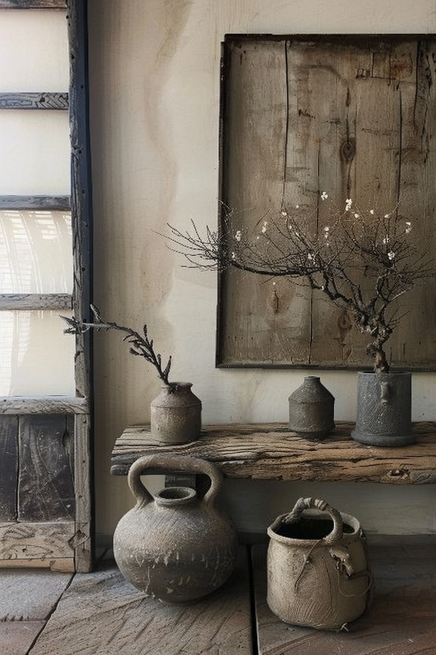 The scene shows a rustic corner with a touch of wabi-sabi decor, featuring textured pottery and dried branches. A weathered wooden bench holds various ceramic vessels with twigs, while a larger, artistic branch arrangement sits in front of a wooden panel, enhancing the room's natural, earthy aesthetic. Light filters through a window, adding gentle illumination. Rustic interior corner with ceramic vases and dried branches on a wooden bench.