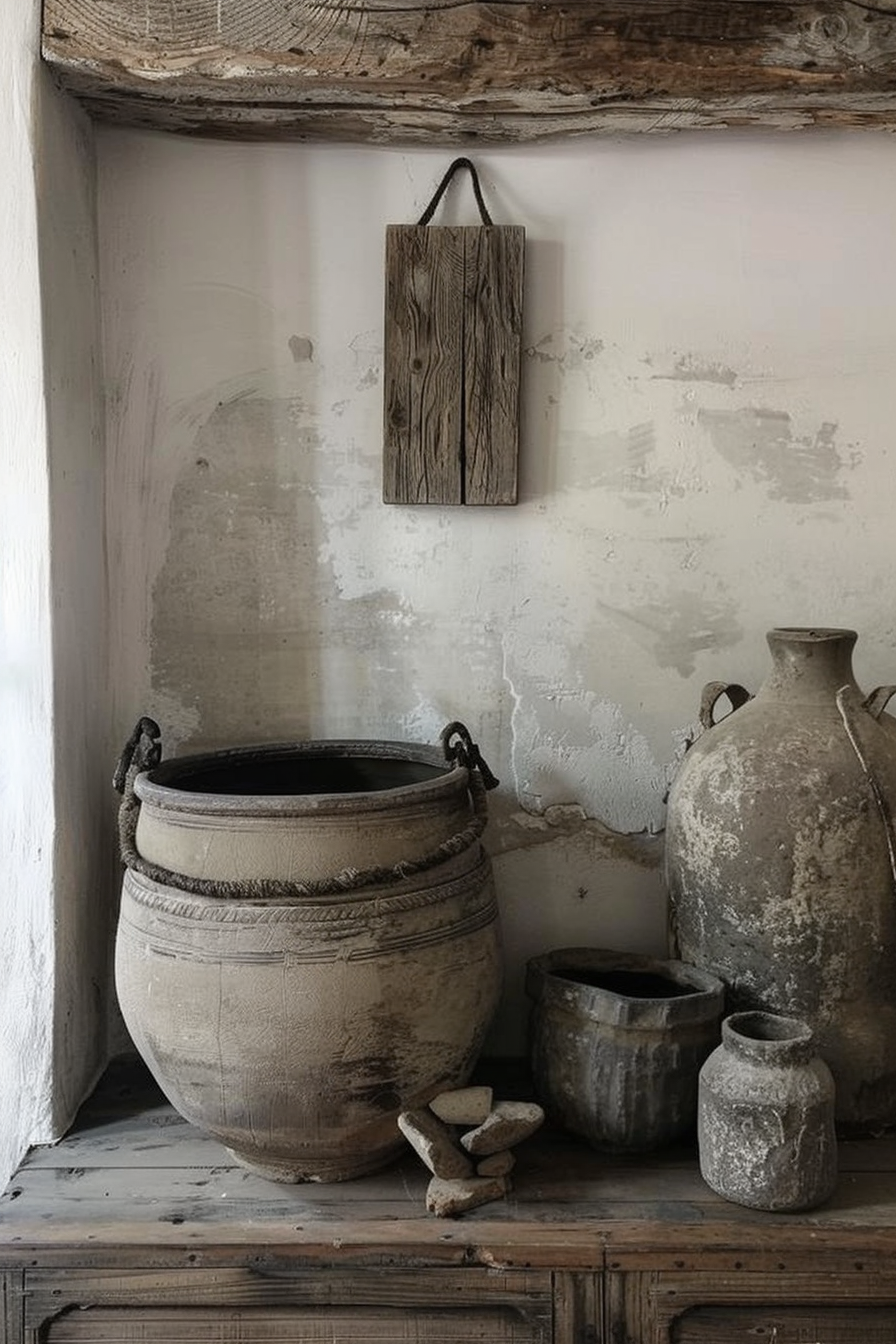 The scene is a rustic corner featuring various aged and textured pottery. A large ceramic pot with rope handles stands prominently to the left. Beside it rests a smaller pot with similar rope detail, a smaller rounded vessel, and a narrow-necked jar, all showing signs of wear and patina. A simple wooden board hangs on the wall above, adding to the antique ambiance. The wooden beam overhead and distressed walls accentuate the timeless and historical feeling of the setting. Rustic corner with aged ceramic pots and wooden wall decor in a room with distressed walls.