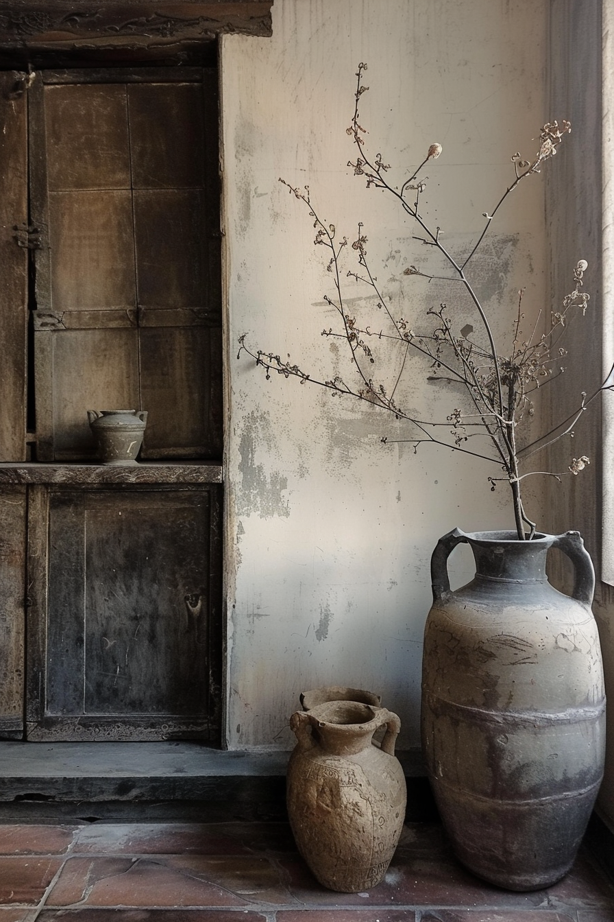 The scene is composed of a rustic corner featuring weathered architecture and pottery. On the left, there is a wooden cupboard with its doors slightly ajar, displaying a timeworn texture that contributes to the antique feel of the composition. Above it rests a simple small cup. The right side is dominated by a large earthenware jug on a tiled floor, with a smaller pot beside it. Both pots are aged, with patina and markings that suggest they've been used or exposed to the elements for an extended period. A branch with dry, delicate buds is placed inside the large jug, adding organic texture and a touch of nature to the vignette. The background wall texture and subdued lighting evoke a serene, bygone era ambiance. Aged wooden cupboard and two weathered pottery jugs with a dried branch on a rustic tiled floor.