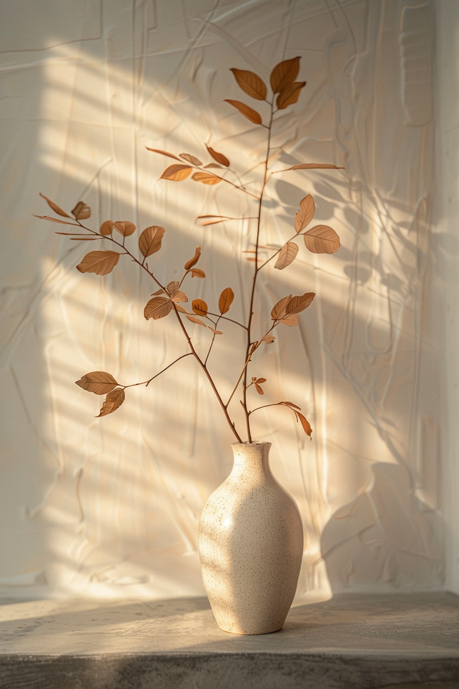 A speckled ceramic vase sits on a textured surface, filled with delicate dried leaves that cast intricate shadows on the wall behind them, illuminated by soft sunlight. Speckled vase with dried leaves casting shadows on a wall in sunlight