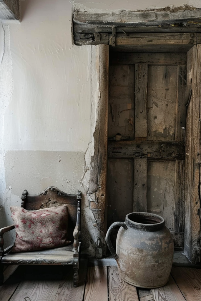 The scene depicts a rustic, weathered wooden door set into a roughly plastered wall. Above the door is an aged lintel with exposed hardware, and some remnants of what appears to be cobwebs dusted over it. To the left of the door stands an antique wooden chair with ornate detailing and a cushion featuring a floral pattern. Beside the chair, on the wooden floor, rests a large, vintage earthenware jug with a single handle, showing signs of age and use. Vintage chair and ceramic jug beside an old wooden door with antique hardware.