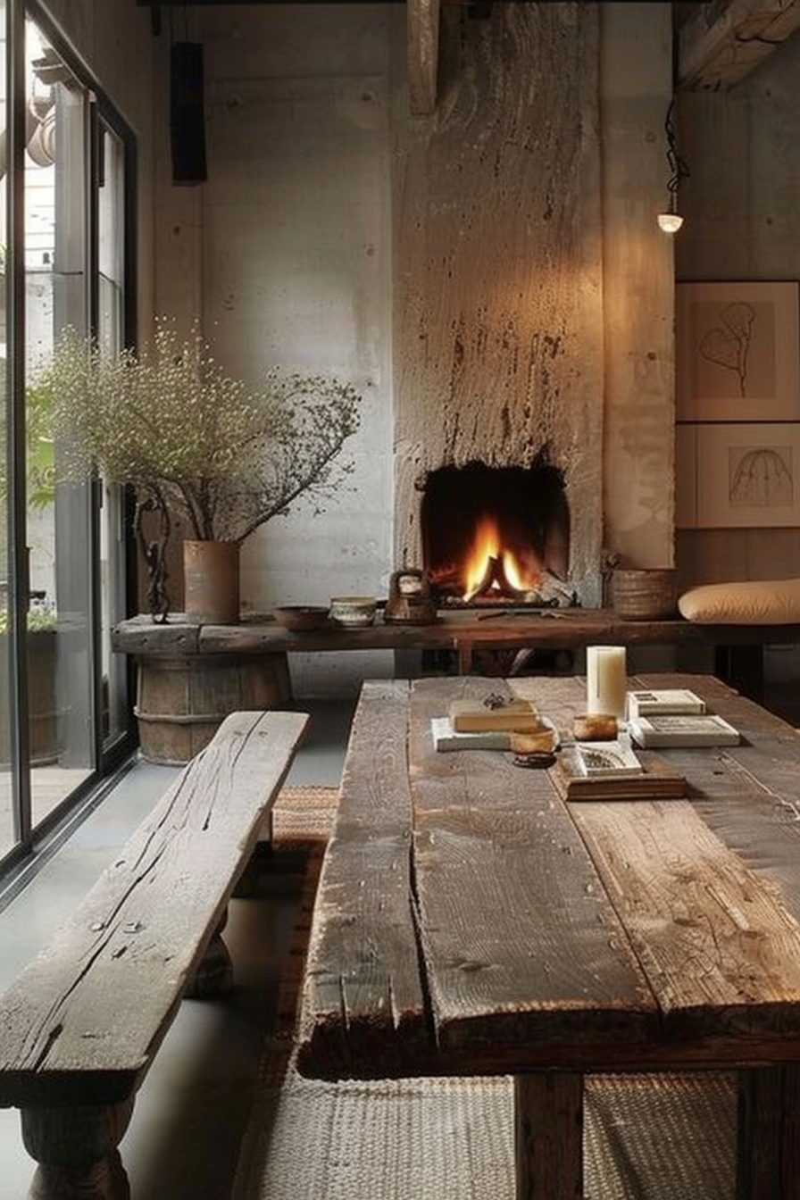 The photo displays a cozy, rustic interior with a wooden table in the foreground adorned with candles, books, and glasses. In the background, there's a warm fireplace with a flickering flame, flanked by a vertical concrete surface with a rough texture that extends upward. To the left, near a large window providing natural light, sits a wooden surface with potted plants and pottery, contributing to the homely and warm ambiance of the space. Cozy room with a fireplace, rustic wooden table with candles and books, and natural light.