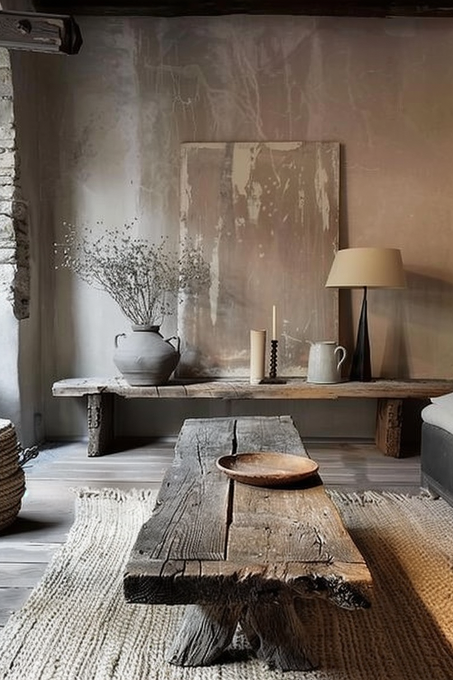 The scene depicts a rustic interior with textured walls in taupe and cream tones, enhanced with natural light. A weathered wooden table stands at the forefront, holding a simple round plate. A second table or bench sits behind it, supporting a ceramic vase with dried branches, accompanied by candles and a mug. A floor lamp with a beige shade casts a warm glow. The room is grounded by a cream woven rug, with a stack of similar rugs or textiles to the left, adding to the cozy, earthy ambiance. Rustic interior with weathered wooden tables, a ceramic vase with branches, candles, and a cream woven rug.