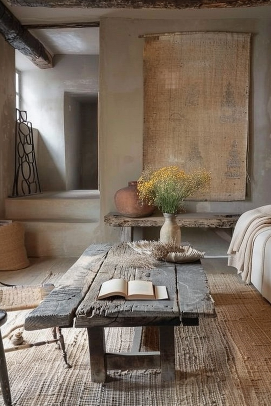 The scene is of a rustic, cozy room with a weathered wooden coffee table at its center, bearing an open book. The tabletop's rough texture and evident age add to the room's charm. The floor is covered with a textured, woven area rug that complements the earthy tones of the room. A plain, upholstered couch with folded linens rests against the wall, inviting relaxation. On the table, a ceramic vase holds a bunch of yellow wildflowers, adding a splash of color to the muted palette of the space. In the background, a burlap canvas with printed text hangs on the wall, contributing to the room's rustic aesthetic. A dark, metallic sculpture sits to the left, partially visible, providing a modern contrast to the otherwise natural and vintage elements. Rustic interior with a weathered wooden table, open book, couch with linens, and yellow flowers in a vase.