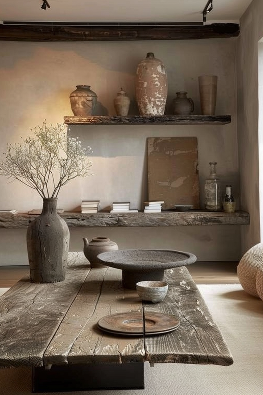 The scene is set in a room with a rustic and minimalist aesthetic. The focal point is a rugged wooden table with a weathered texture, featuring a large, dark ceramic plate and a smaller bowl on its surface. Above the table is a pair of thick wooden shelves mounted on a wall with a warm, neutral tone. The shelves display a collection of earthenware in various shapes and sizes, with some showing signs of age and a patina finish. Against the back wall rests an unframed canvas, flanked by a grouping of simple white books. On the table, a tall, textured ceramic vase holds delicate, branching foliage, adding a touch of organic beauty to the space. The room is characterized by its natural materials, muted color palette, and an atmosphere of serene simplicity. Rustic interior with weathered wooden table, ceramic ware, and delicate foliage in a textured vase.