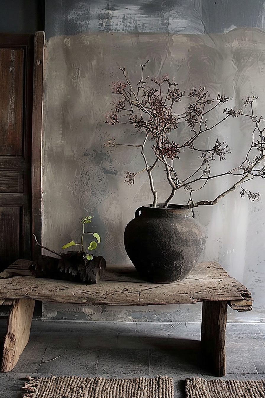 In this scene, there is a rustic wooden bench placed in front of a textured wall with neutral tones. On the bench sits a large, earthenware pot with branches bearing small, pink blossoms. Beside the pot, there is a smaller plant with green leaves nestled on a piece of dark wood. A woven rug lies on the floor in the foreground, adding warmth to the composition. Bare-branched tree in an earthen pot beside a small green plant on a rustic wooden bench against a textured wall.
