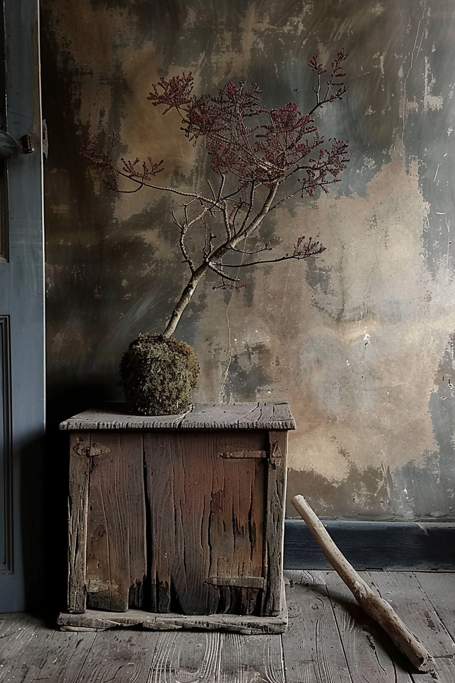 A rustic scene featuring a weathered wooden planter box on a dark wood floor against a distressed wall. The planter hosts a bonsai tree with red buds and a mossy base. Near the planter is a long wooden tool resting on the floor at an angle. Rustic wooden planter with bonsai tree and red buds against a distressed wall in a moody setting.