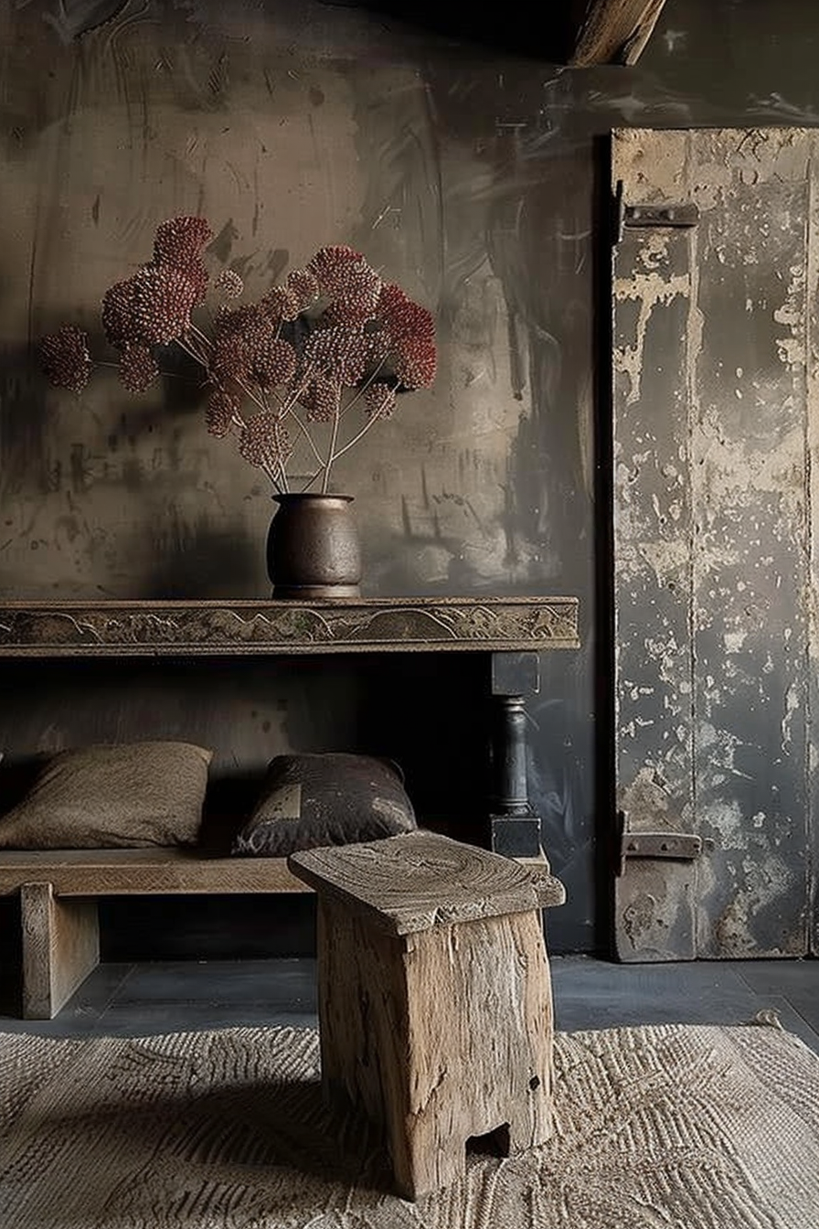 The scene is a rustic interior with a focus on texture and a monochromatic color scheme. There is a weathered wooden bench with carved details. On it, sits a small, round, dark-colored vase holding a spray of dried, red-brown flowers with numerous small buds. Below the bench, two textured pillows rest on a coarsely woven rug, and a simple, rough-hewn wooden stool stands in the foreground. The background wall and adjacent door have peeling paint, conveying a sense of decay and age. Rustic wooden bench with vase of dried flowers, textured pillows, and stool in an aged room with peeling paint.
