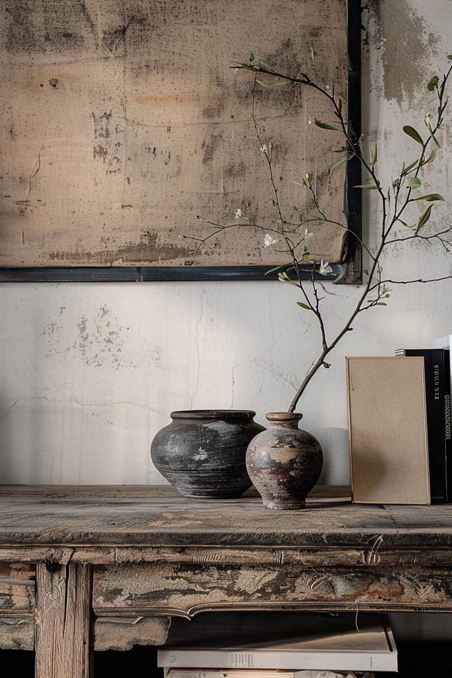 The scene shows an old wooden table against a wall with a grunge texture. On the table, there are two rustic ceramic vases, one beside the other, and a slender branch with a few leaves and small white flowers springs from one of them. On the right side of the table, there is a book with a brown cover leaning against the wall. Below the table, there's an old book with a visible spine placed horizontally. Rustic ceramic vases on an aged wooden table with a branch of white flowers and books.