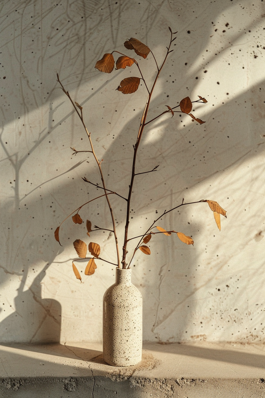 The scene displays a textured ceramic vase on a concrete ledge against a wall. The vase is filled with dried branches that retain a few brown leaves. Shadows from the branches and leaves are cast on the wall, intersected by light that seems to come from a window, creating a moody and artistic arrangement. A ceramic vase with dried branches and cast shadows on a wall.
