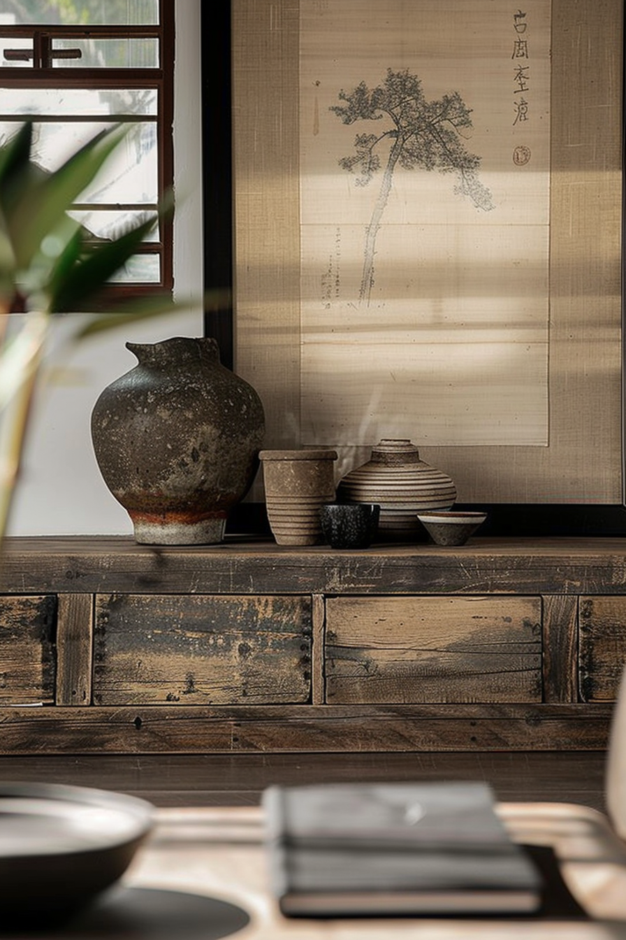 The scene features a rustic wooden sideboard with an assortment of pottery on its surface. An aged vase dominates the left side, paired with smaller cups and bowls with varying textures and patterns. In the background, a traditional East Asian scroll with a painting of a tree and calligraphy hangs next to a window, partially obscured by the leaves of an indoor plant in the foreground. The image conveys a serene and culturally rich ambiance, reflective of traditional East Asian interior design elements. Traditional Asian pottery on rustic wooden sideboard with scroll painting in the background.