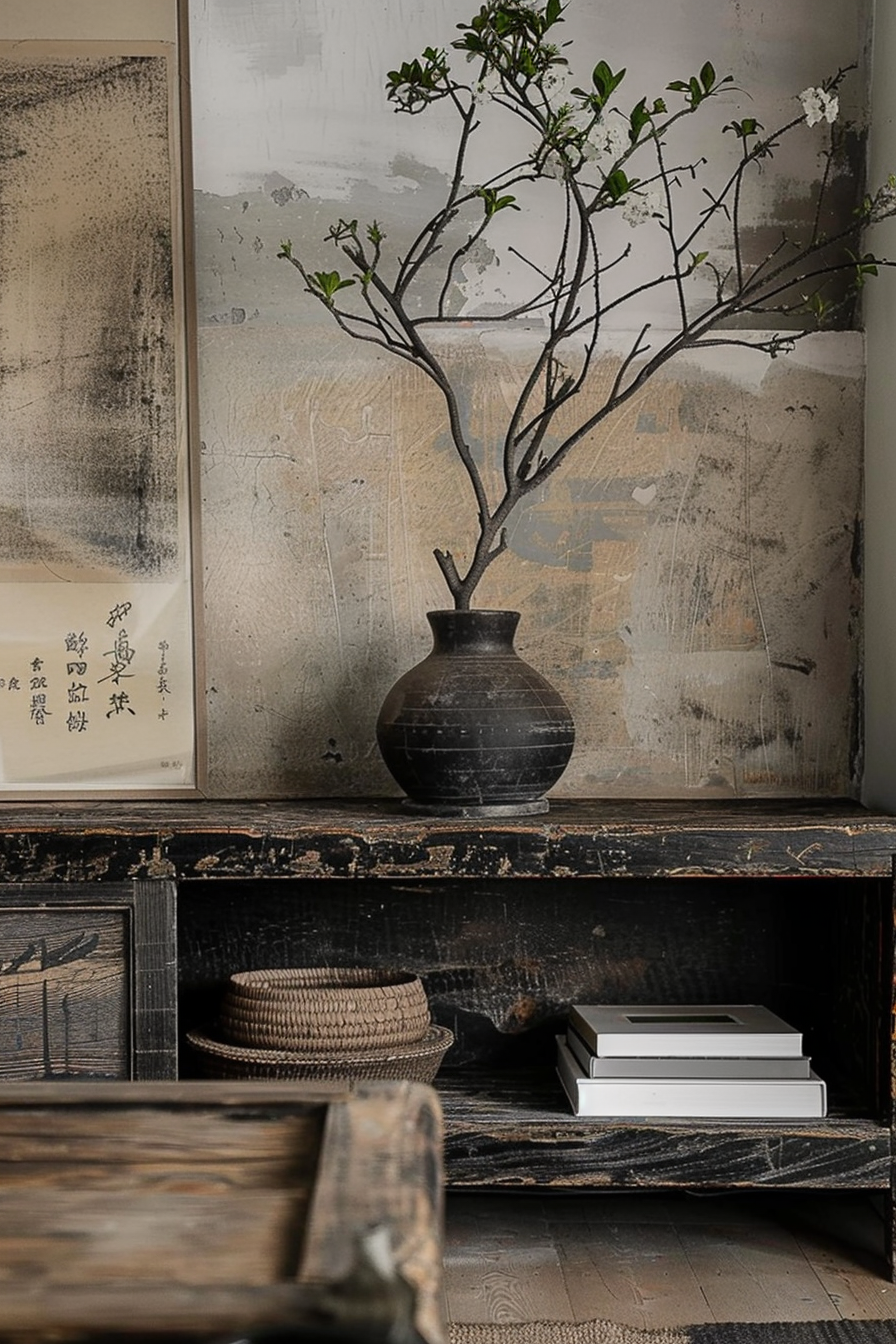 The scene showcases a rustic wooden shelf with various decorative objects. On the top shelf sits a large, dark-colored earthenware vase holding a leafy, branching plant. Behind the vase are abstract paintings in muted tones, with one featuring Asian script to the left. The lower shelf contains a simple woven basket and a neatly stacked pile of hardcover books with a minimalistic design. The distressed nature of the wooden shelf and the simplicity of the objects suggest a theme focused on natural textures and an understated aesthetic. Rustic wooden shelf with an earthen vase, a branching plant, abstract art, a woven basket, and a stack of books.