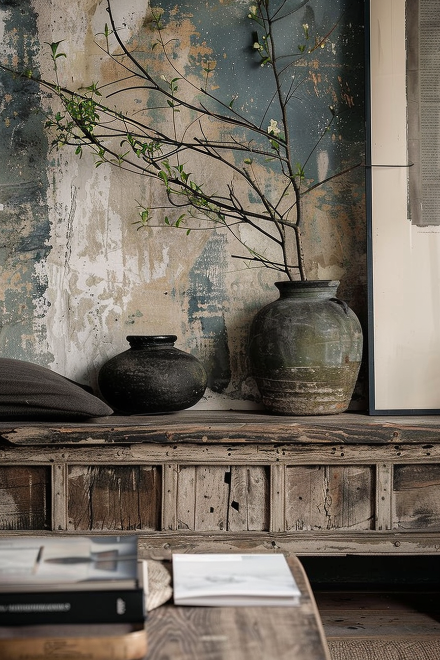 The scene features a rustic interior with a distressed wood bench against a wall with peeling paint, providing an aesthetic of bygone charm. On the bench, there are two ceramic pots—one smaller and black, the other larger with a green patina—and the larger pot holds a sparsely leaved branch reaching upwards. Beside the pots, a framed piece with text is partially visible. In the foreground, a wooden coffee table displays a stack of books, one open, creating a cozy, intellectual atmosphere. Rustic interior with distressed wooden bench, ceramic pots with branches, and open book on a coffee table.