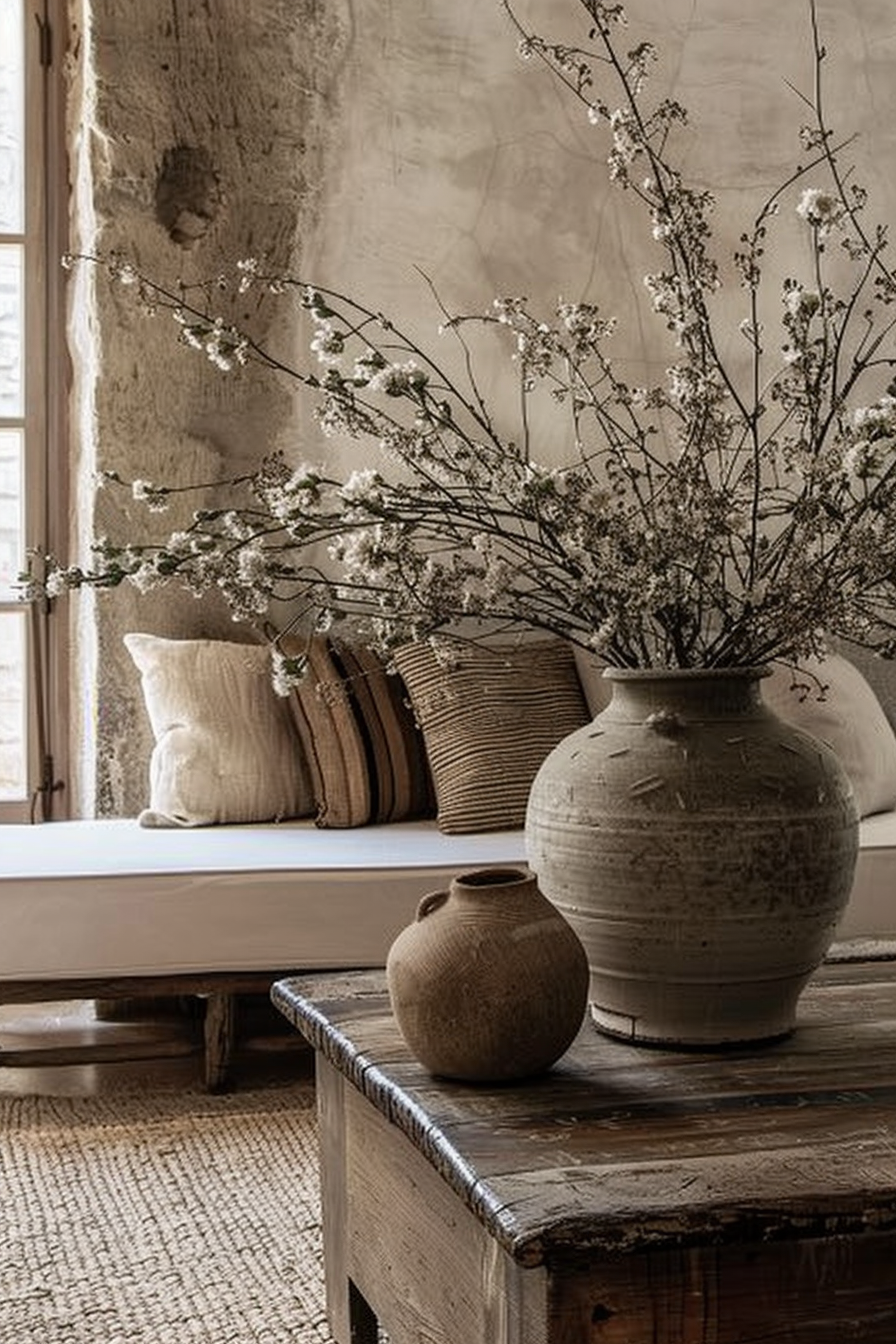 The scene is a rustic interior setting with an earthy tone. There's a low-profile daybed against a textured wall near a window. Resting on the daybed are several cushions, varying in color and design, arranged in a cozy manner. In front of the daybed stands a hefty ceramic vase holding an arrangement of delicate white blossoms on thin branches. The vase is positioned on a wooden floor next to a wicker basket, emphasizing a natural and organic aesthetic. To the foreground, a wooden table with a weathered surface supports two smaller ceramic pots, enhancing the room's handcrafted, serene ambiance. Ceramic vase with white blossoms on a wooden table in a rustic room with a daybed and cushions.
