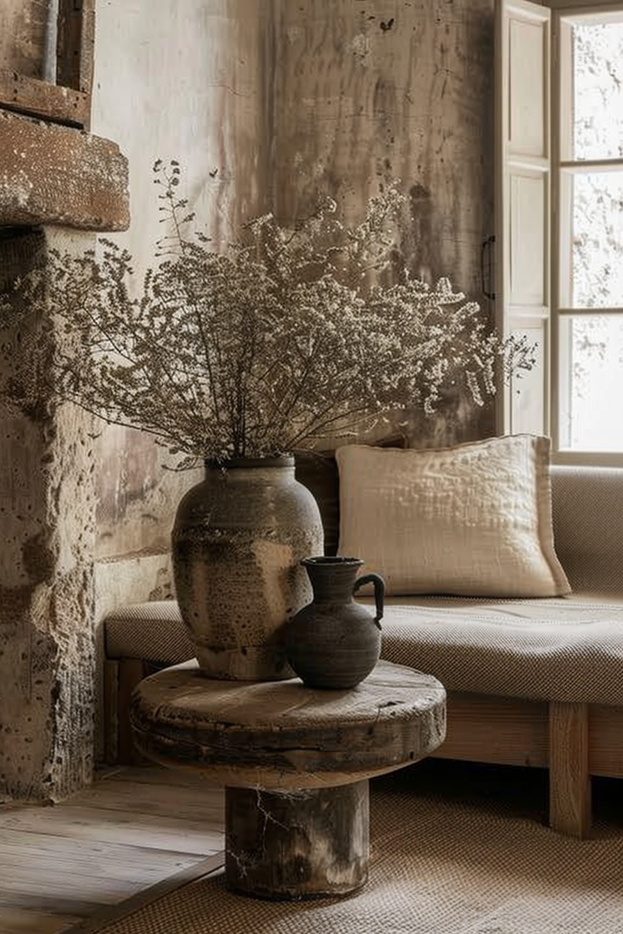 The scene shows a rustic interior corner with a weathered wall and a large window partially visible on the right. In the foreground, two ceramic vases rest on a round wooden table; one of the vases is large and contains a bushy assortment of dried flowers filling the space with their delicate texture. The other, smaller vase is simple and appears empty. A cozy looking couch with textured upholstery and a large cushion sits next to the table, enhancing the warm, earthy tones of the room. Elegant rustic corner with dried flowers in a large vase, a small empty vase, and a cozy couch.