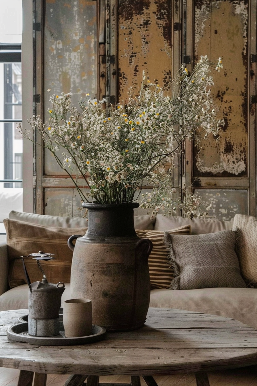 The scene is set in a room with rustic decor, featuring a weathered wooden coffee table at the forefront. On the table is a large, antique-looking urn filled with a profusion of wildflowers, predominantly white with specks of yellow, giving off a cozy, country vibe. Beside the urn is a small, vintage oil can and a plain ceramic cup placed on a tray. In the background, a cushioned sofa is adorned with a couple of throw pillows, and behind it, a large window shows its aged, peeling paint, enhancing the space's rustic charm. Rustic room with an antique urn filled with wildflowers on a weathered wooden table beside a vintage oil can.