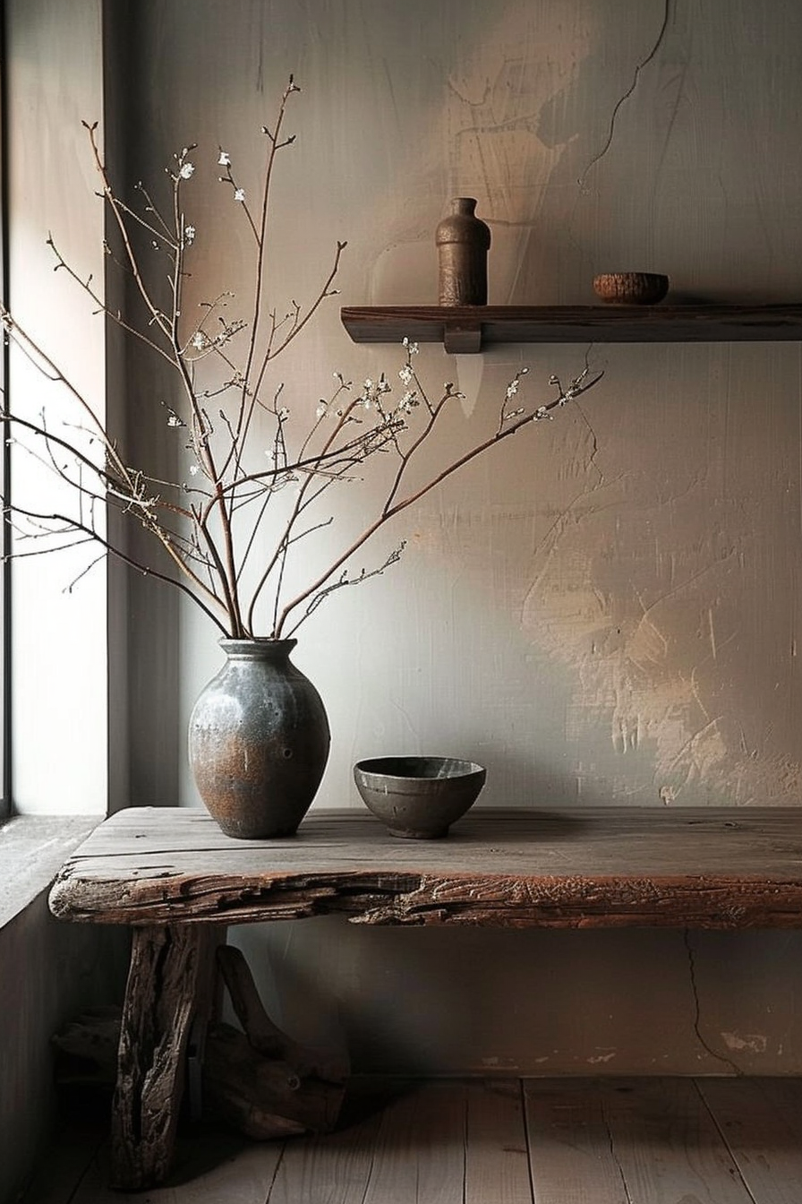 The scene features a rustic interior with a textured, neutral-colored wall. On a rough-hewn wooden table rests a textured clay vase containing bare branches with small blossoms. To the right of the vase is a simple, shallow bowl with a similar earthy texture. Above the table, a wooden shelf mounted on the wall displays a traditional wooden artifact and a round object, possibly a cork. The overall mood is minimalist and serene, with strong emphasis on natural materials and textures. Earthy-toned minimalist setup with rustic wooden table, ceramic vase with blossoming branches, and simple bowl.
