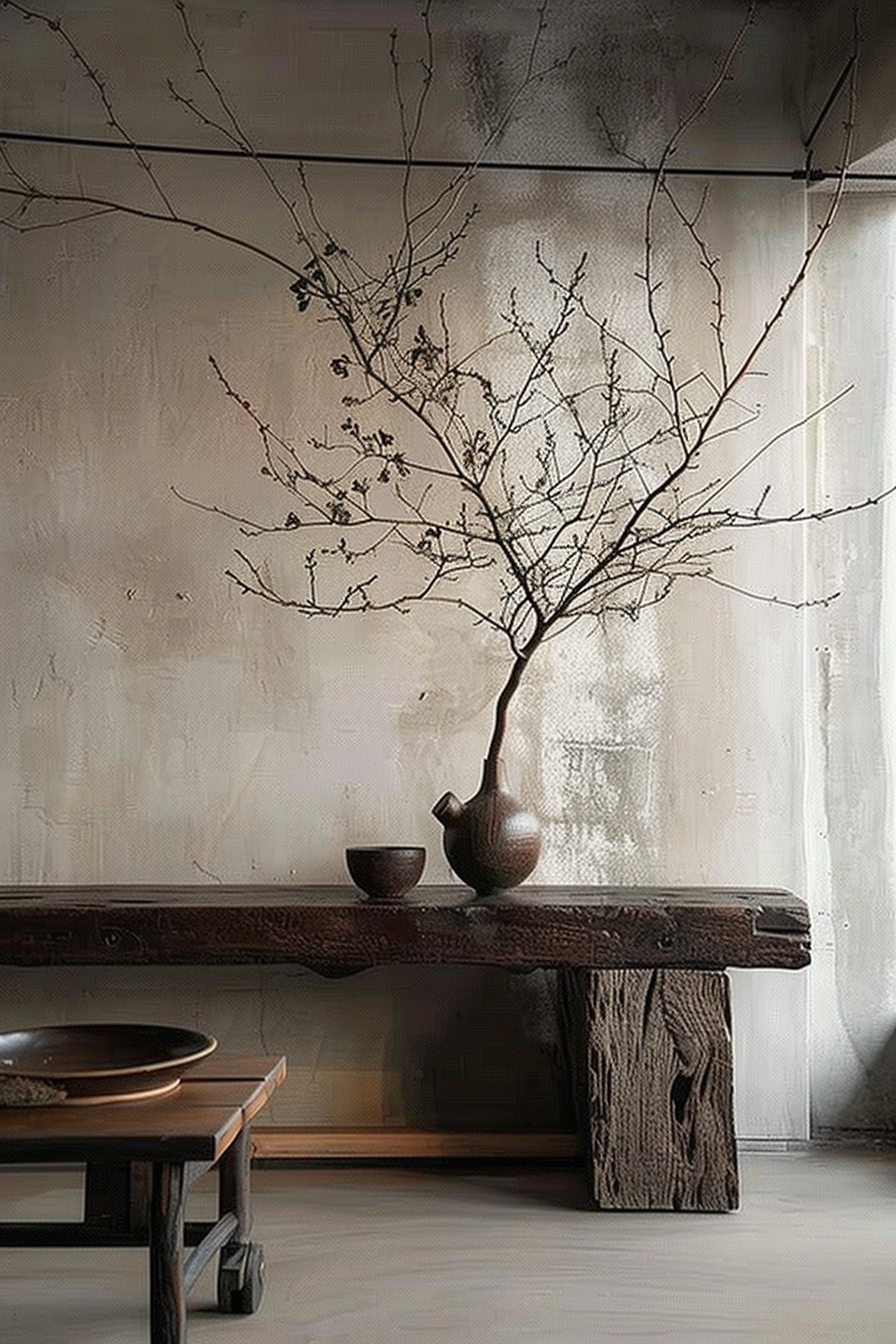 You are looking at a tranquil interior scene featuring a rustic wooden table with distinct natural textures. On the table, there are a graceful ceramic vase and two matching bowls, all with a speckled brown glaze. The vase holds a spreading arrangement of delicate bare branches, which adds an organic and asymmetrical aesthetic to the composition. The setting is complemented by a soft-lit backdrop, where gently diffused light filters through a sheer curtain, casting faint shadows and enhancing the peaceful ambiance of the space. Minimalist interior with wooden table, ceramic vase and branches against a sheer curtained window.