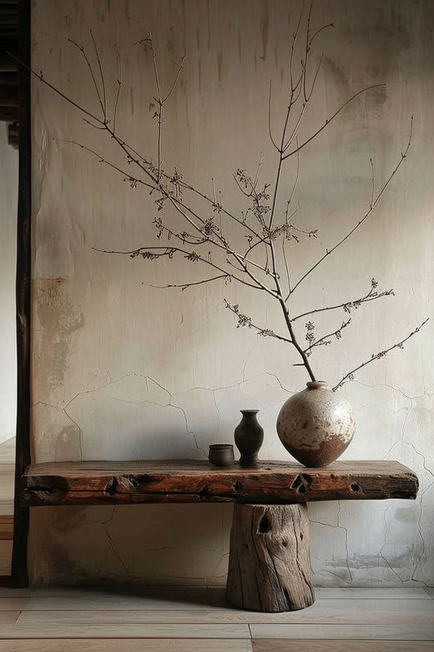A rustic wooden bench is set against a textured cream wall. On the bench rests a large spherical vase containing a sparse branching twig. Beside the vase are a smaller dark vase and a tiny bowl. The scene conveys a minimalist and natural aesthetic. Alt: Sparse twigs in a round vase on a rustic bench with smaller pottery, against a textured wall.