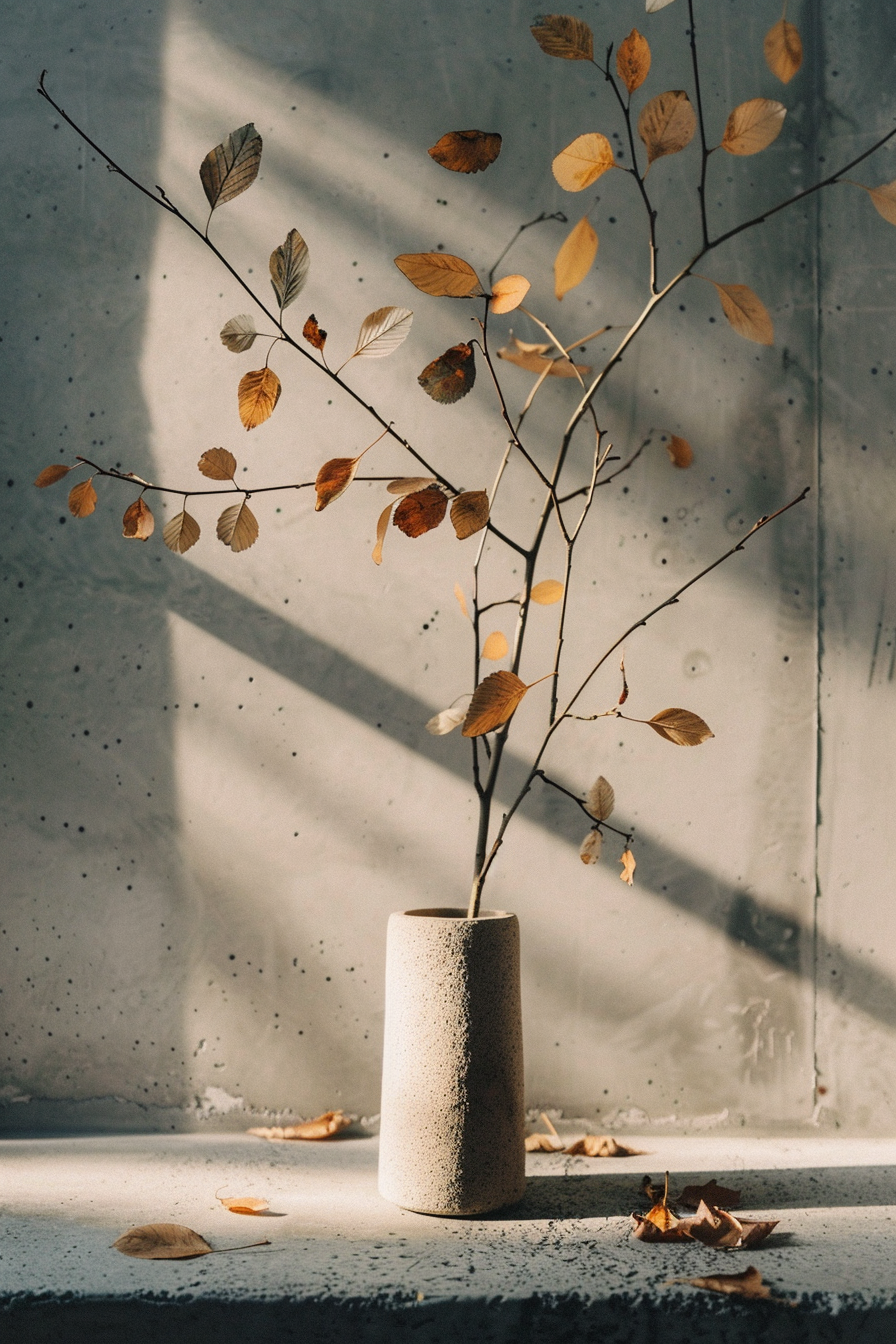 The scene captures a simple yet poignant composition. A ceramic vase with a textured surface sits on a concrete ledge, bathed in natural light that filters through an unseen window. Sparse thin branches stretch upwards from the vase, adorned with fragile leaves in various states of autumnal transition; some are a faded green, while others have turned shades of yellow and brown, a few hovering in mid-fall as if caught in a paused dance. The leaves cast delicate shadows on the wall, joining the play of light and dark created by the sunlight's angle. Scattered around the vase, several fallen leaves rest on the surface, contributing to a feeling of quiet temporality. The backdrop is a wall with subtle textures and imperfections, adding to the raw and organic aesthetic. Sunlit ceramic vase with autumn leaves on concrete surface, casting soft shadows.