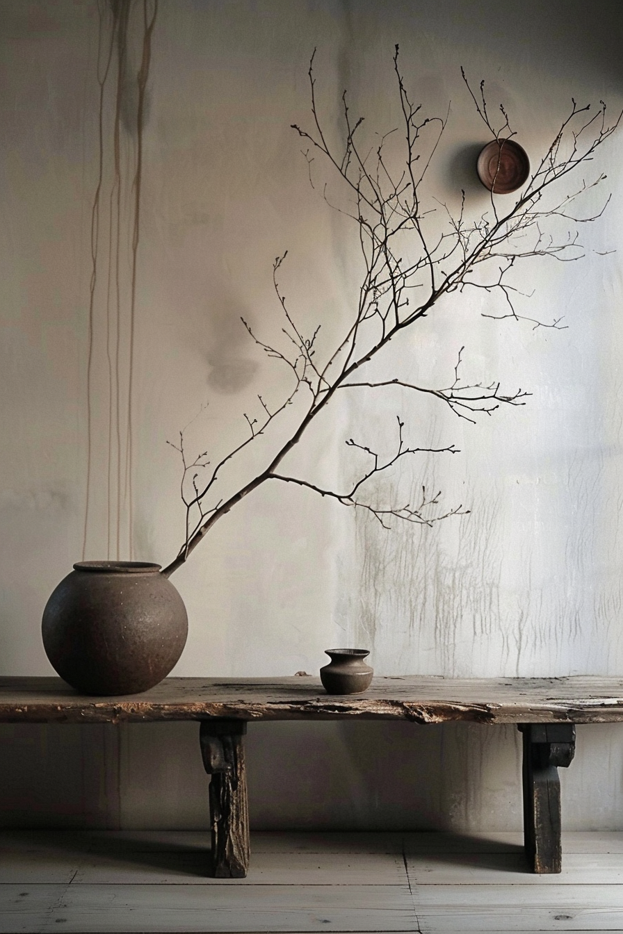 The scene shows a rustic wooden bench against a white wall with subtle textures. On the bench, there is a large round pottery vase with a dry, leafless branch sticking out at an angle. Next to it, there is a small pottery bowl. Another small bowl is hanging on the wall, creating a simple yet artistic arrangement that conveys a sense of tranquility and wabi-sabi, the Japanese aesthetic of finding beauty in imperfection. Large vase with a bare branch on a wooden bench, next to a small bowl, with a serene feel.