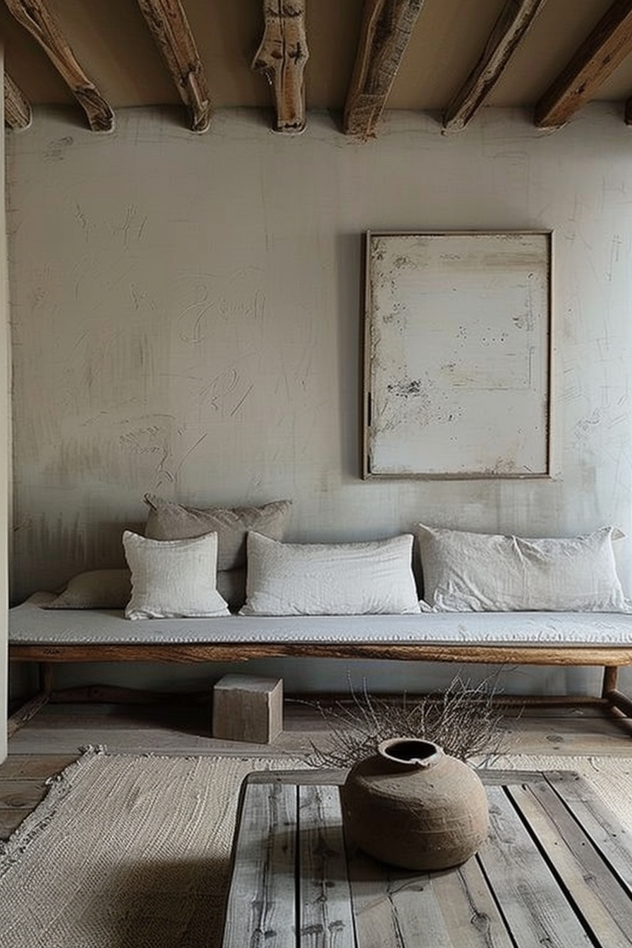 The scene features a rustic interior design. There is a low-profile daybed with a woven base and several off-white cushions against a textured wall. Above the daybed hangs a weathered, empty picture frame. Exposed wooden beams are seen along the ceiling, adding to the rustic charm. On the floor, there's a rough textile rug and a distressed wooden block that serves as a side table. In the foreground, an earthenware pot with dried branches sits on the wooden floor, which complements the natural and monochromatic color palette of the room. Rustic and minimalistic living space with a daybed, dried branches in a pot, and a weathered frame.