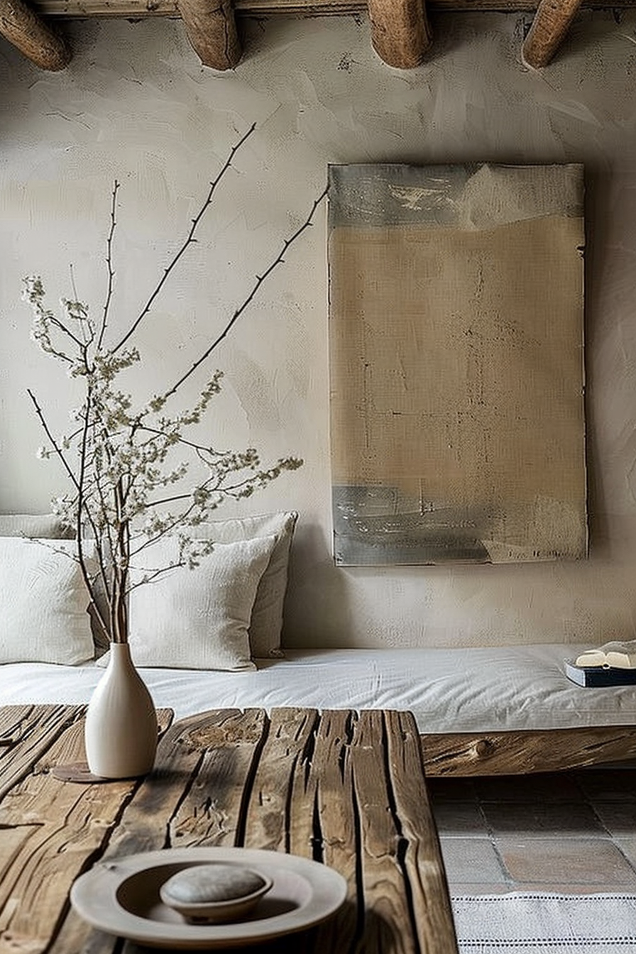 The scene shows a cozy, rustic interior with a focus on natural materials and textures. In the foreground, there is a roughly hewn wooden table upon which rests a white vase with delicate branches of white blossoms. In front of the vase, there's a plate with a small bowl on it. The background is dominated by a neutral-colored, minimalist bed with white linens and pillows against a wall with a textured finish. Above the bed, an abstract canvas painting in earthy tones adds a touch of artistry. Exposed wooden beams provide a raw architectural element to the space. Rustic bedroom with wooden table, vase with blossoms, and minimalist bed under abstract art.