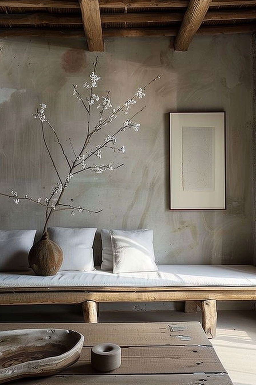 A serene interior scene with a rustic wooden daybed draped in white cushion and pillows, against a textured wall with a single framed artwork. On the side, a tall branch of cherry blossoms stretches from a vase, adding a natural element to the composition. Wooden ceiling beams contribute to the warm atmosphere, while a large, textured wood bowl and a small circular object rest on a low wooden table in the foreground. Rustic wooden daybed with white cushions, cherry blossoms in vase and wooden decor in serene interior.
