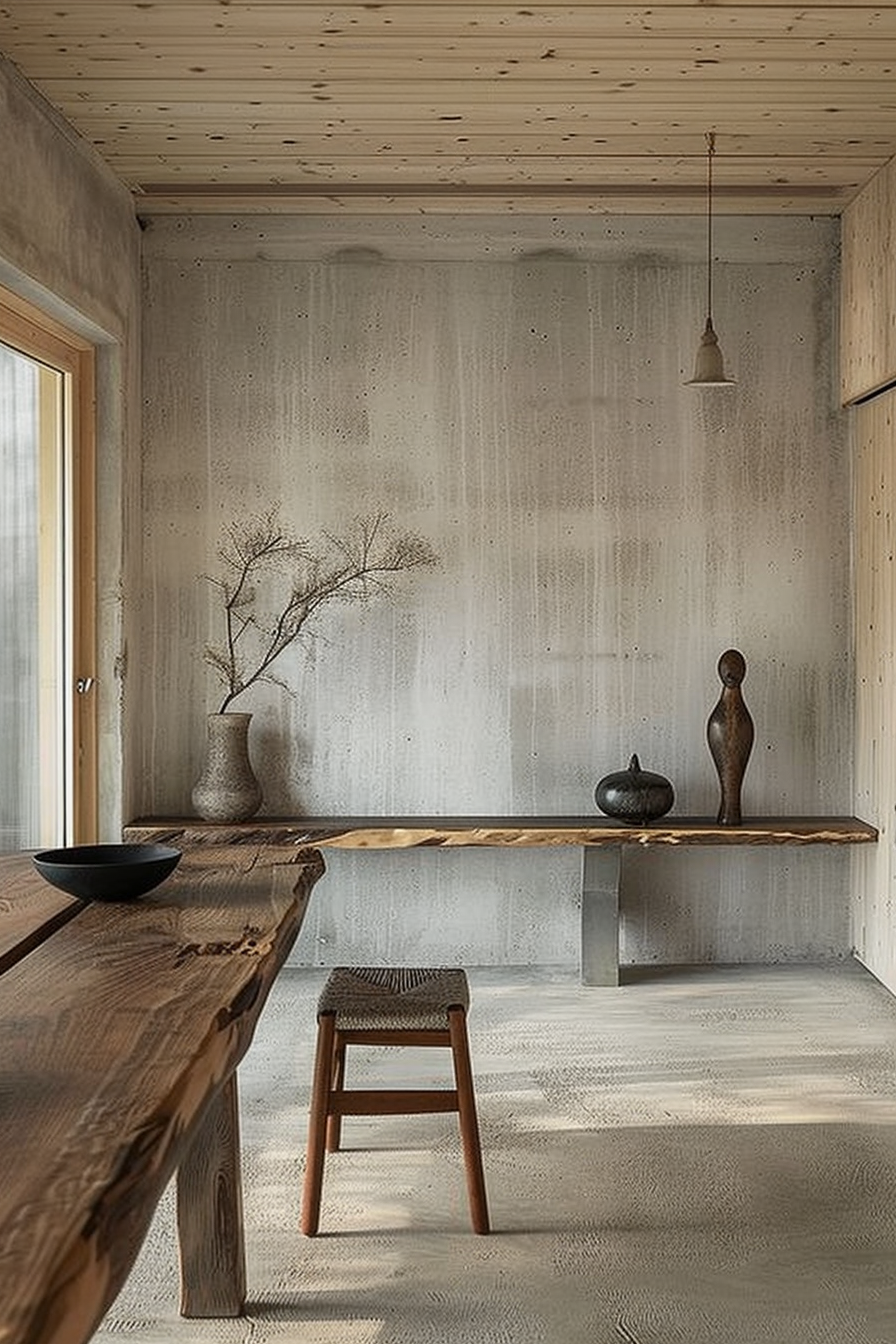 The scene shows a minimalist interior with a rustic wooden table against a concrete wall. On the table, there's a black bowl, a vase with dried branches, and a wooden sculpture. A simple pendant light hangs from a wooden ceiling, complementing the natural material palette. A small wooden stool with a woven seat stands by the table, and a window provides natural light, highlighting the room's serenity. Minimalist room with rustic wooden table, concrete walls, a vase with branches, sculpture, and a wooden stool.