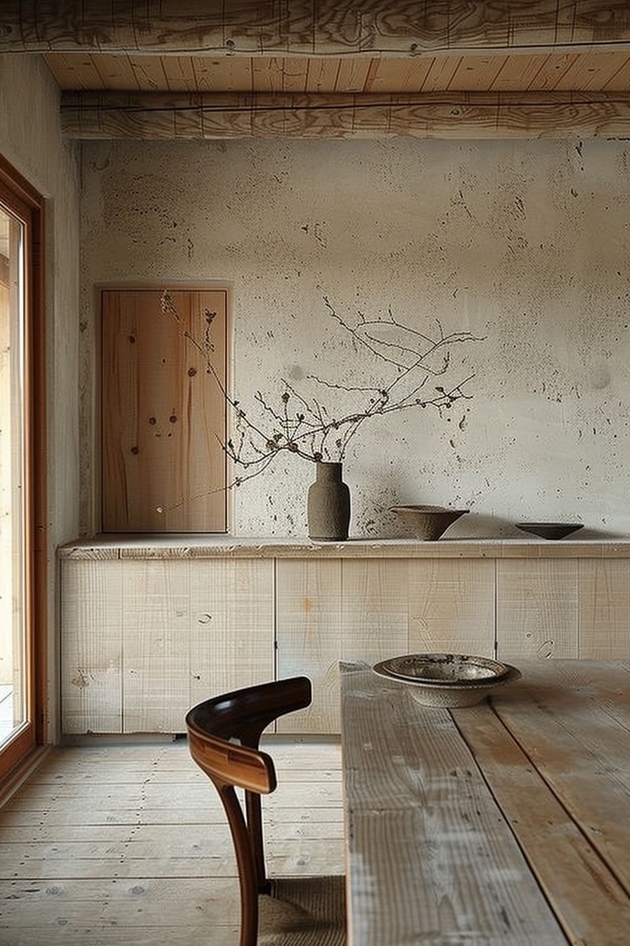 The scene captures a rustic interior space with a minimalist design. On the right side, a tall, narrow window allows natural light to illuminate the room, which features an earthy color palette. The wall, with its textured surface, presents a series of unique splash patterns that add character to the space. A streamlined wooden counter runs along the wall, on top of which sits a simple ceramic vase holding a branch with budding leaves. This hints at a touch of nature brought indoors. Next to the vase are two shallow bowls. A wooden chair with a slim, curved design is placed beside a wooden dining table that matches the room's aesthetic with its simple, sturdy appearance. Rustic interior with a simple wooden chair, table, counter, ceramic vase with branches, and textured wall.