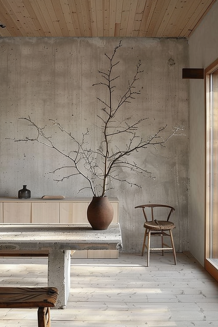 The scene depicts a serene interior space with minimalist design elements. A large bare tree branch is centrally featured, placed within a rounded, rustic clay pot. The pot sits on a light-colored, flat bench that matches a simplistic wooden chair standing off to the right. Behind, a vertical concrete textured wall is present, contrasting with the warm wooden ceiling and pale wooden floorboards. A narrow window allows natural light to pour in, highlighting the textures and natural materials within the room. The overall ambiance is one of calm and simplicity, emphasizing natural beauty. Minimalist interior with a large bare tree branch in a clay pot, wooden furniture, and textured concrete wall.