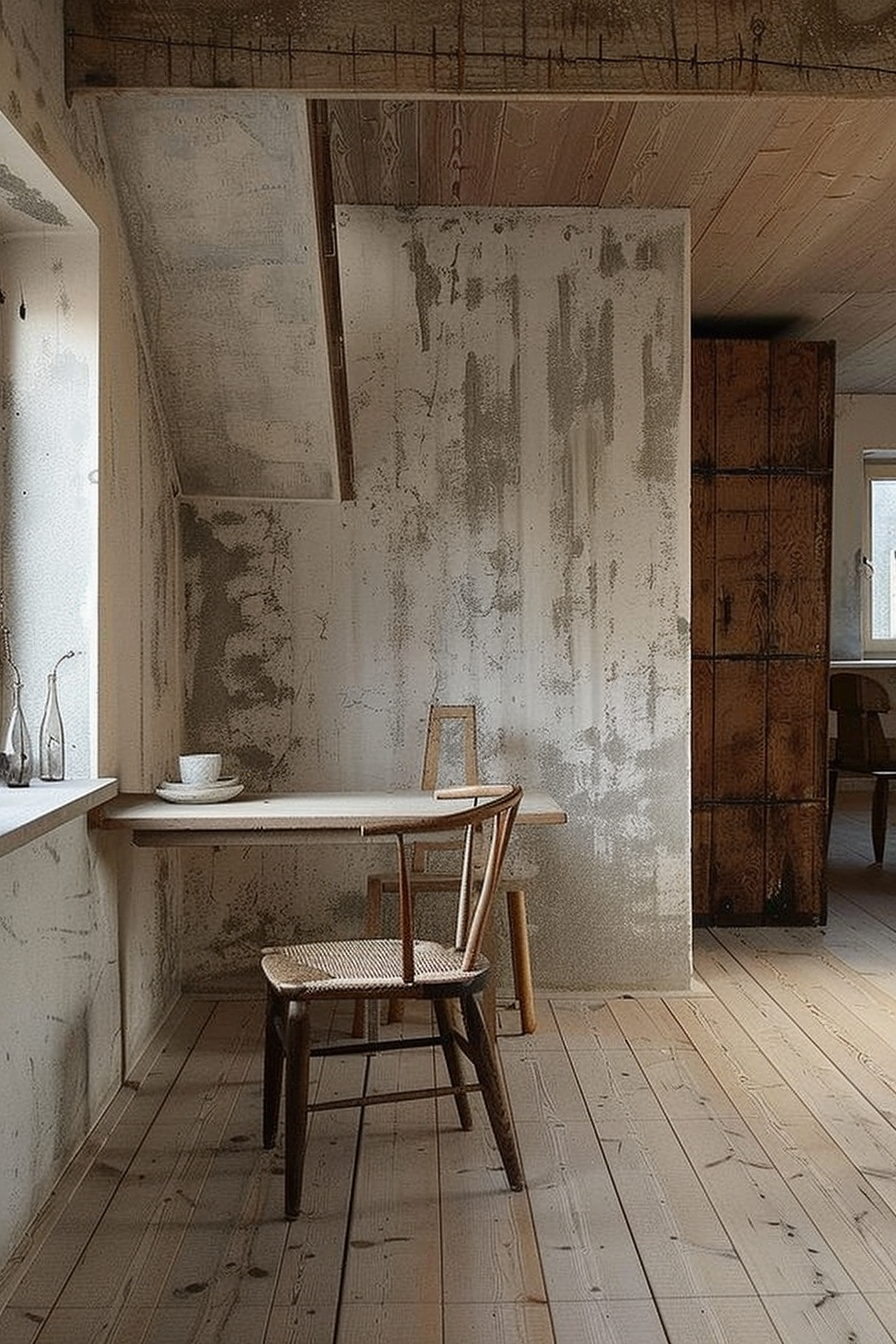 The scene shows a rustic interior with a weathered look. A wooden table is paired with a single chair with a woven seat. On the table, there's a white cup and saucer. The walls have peeling plaster, revealing the underlying structure in spots, which contributes to the feeling of an aged space. The floor is made of wide wooden planks, and a cabinet with a dark wood finish stands partially visible on the right. The room is lit by soft natural light, suggesting a peaceful, quiet atmosphere. Rustic room with a wooden chair and table, cup on table, peeling walls, and a dark wooden cabinet.