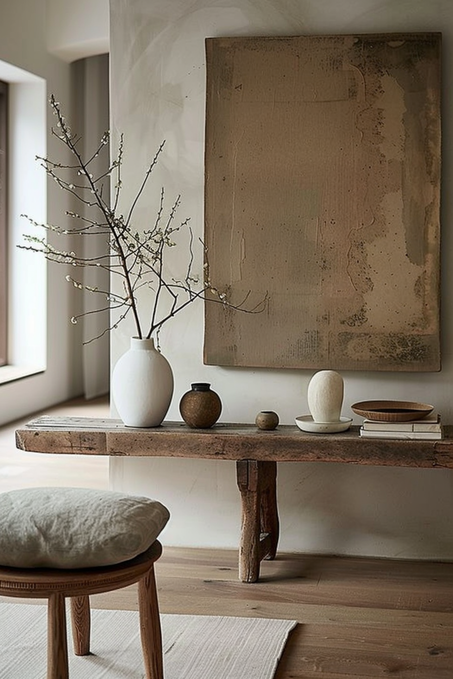 The scene depicts a rustic wooden console table against a light-colored wall with a large beige abstract canvas hung above it. On the table, there's a large white vase with thin branches bearing small buds, next to a dark spherical pot, a smooth egg-shaped object, a smaller spherical item, and a shallow bowl atop two books. Below the table, a light wooden floor is visible, and a simple round stool with a greige cushion sits near the table. Rustic wooden table with vase and branches, abstract art, and decorative objects.