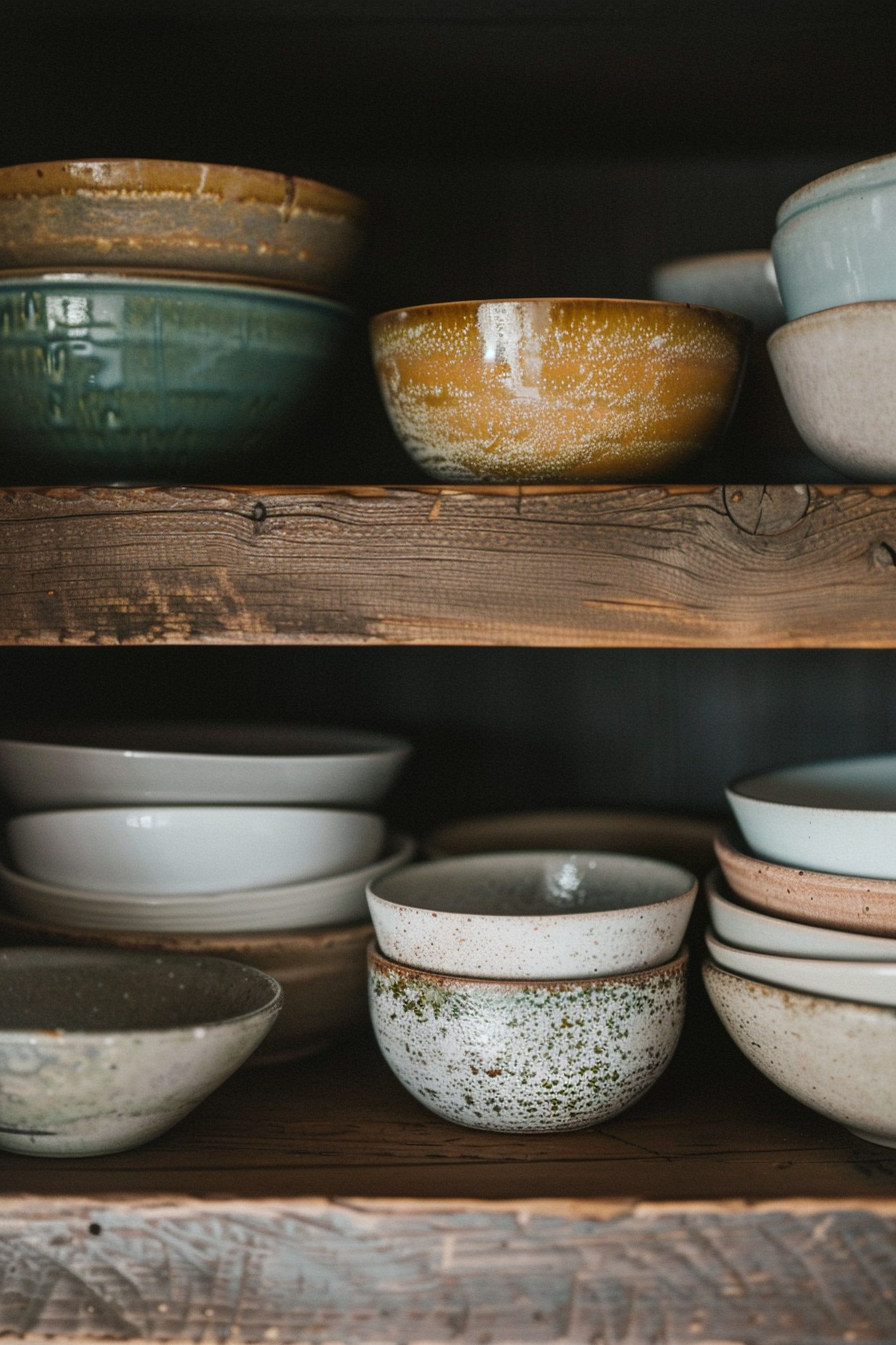 The photo showcases a collection of ceramic bowls on wooden shelves. The bowls, which appear to be handcrafted, feature various colors and textures, including shades of blue, yellow, green, and speckled white. Some bowls are stacked, while others sit alone, displaying the variety of styles and glazes. Assorted ceramic bowls on wooden shelves with different colors and textures.