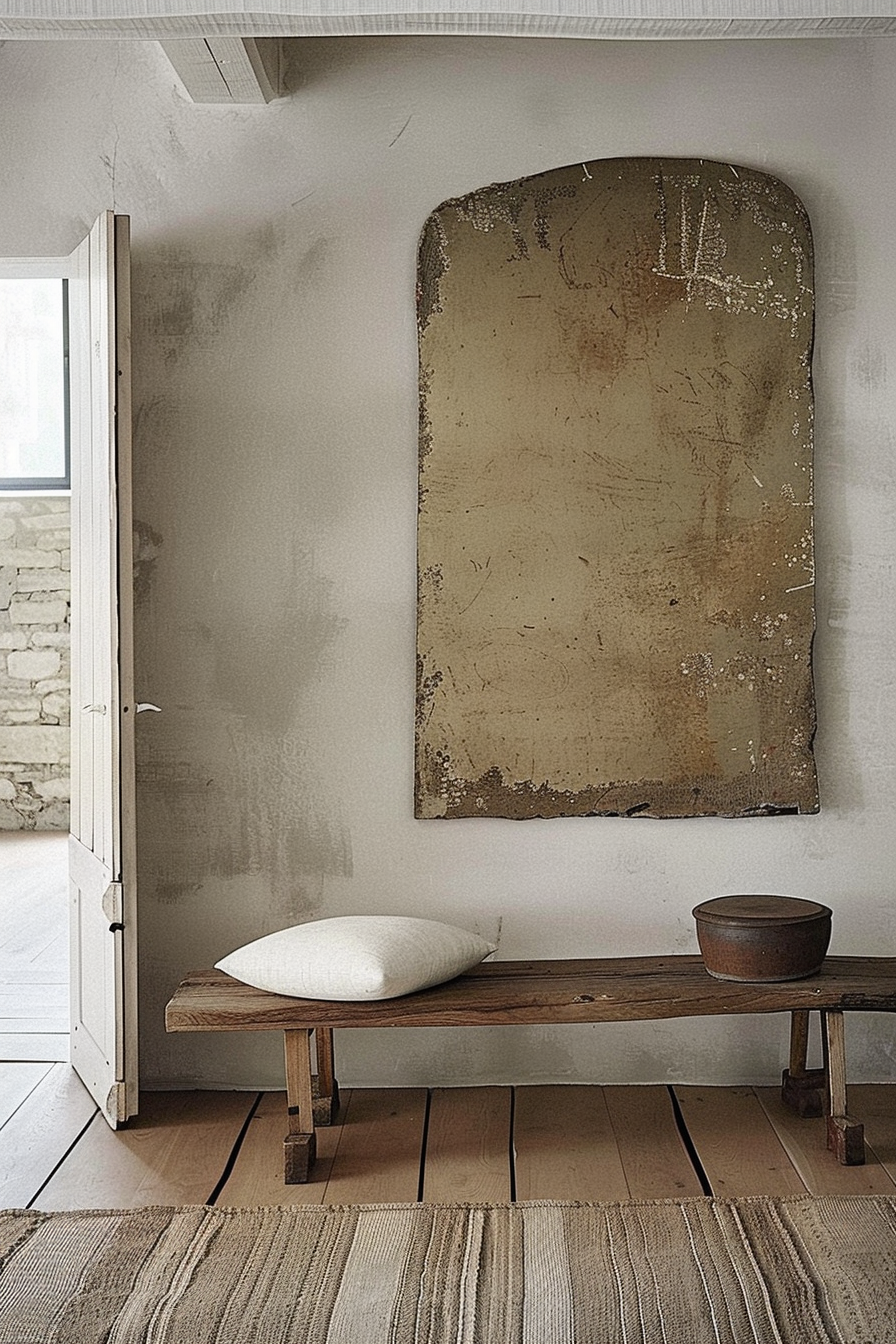 The image shows a minimalist room with rustic decor elements. On the right wall hangs an abstractly worn mirror with a tarnished surface that reflects little, giving it an antique appearance. Below the mirror sits a simple wooden bench with a solitary white cushion on it. To the side of the cushion, a wooden bowl rests on the bench. The room has wooden plank flooring, and in the foreground, there's a textured rug with parallel lines. The white wall on the left has subtle discoloration, possibly from age or intentional styling, enhancing the rustic feel. A partially open white door is visible on the left-hand side, offering a glimpse into the bright space beyond. The overall atmosphere is serene and understated, with natural light coming in from a window that is not directly visible in the frame. Rustic room with tarnished mirror, wooden bench with white cushion, and textured rug.