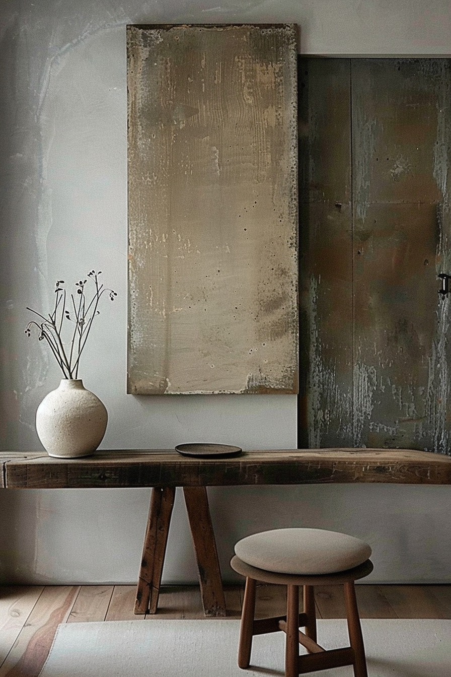 The scene is a minimalist interior with a rustic wooden table against a muted wall. On the table, there's a ceramic vase containing dry plants and a shallow dish. A simple round stool is in front of the table. To the right, there's a weathered metal door with a vertical handle. Above the table hangs a large textured canvas, contributing to the room's understated elegance. Textured artwork above rustic table with vase and dried plants next to a metal door.