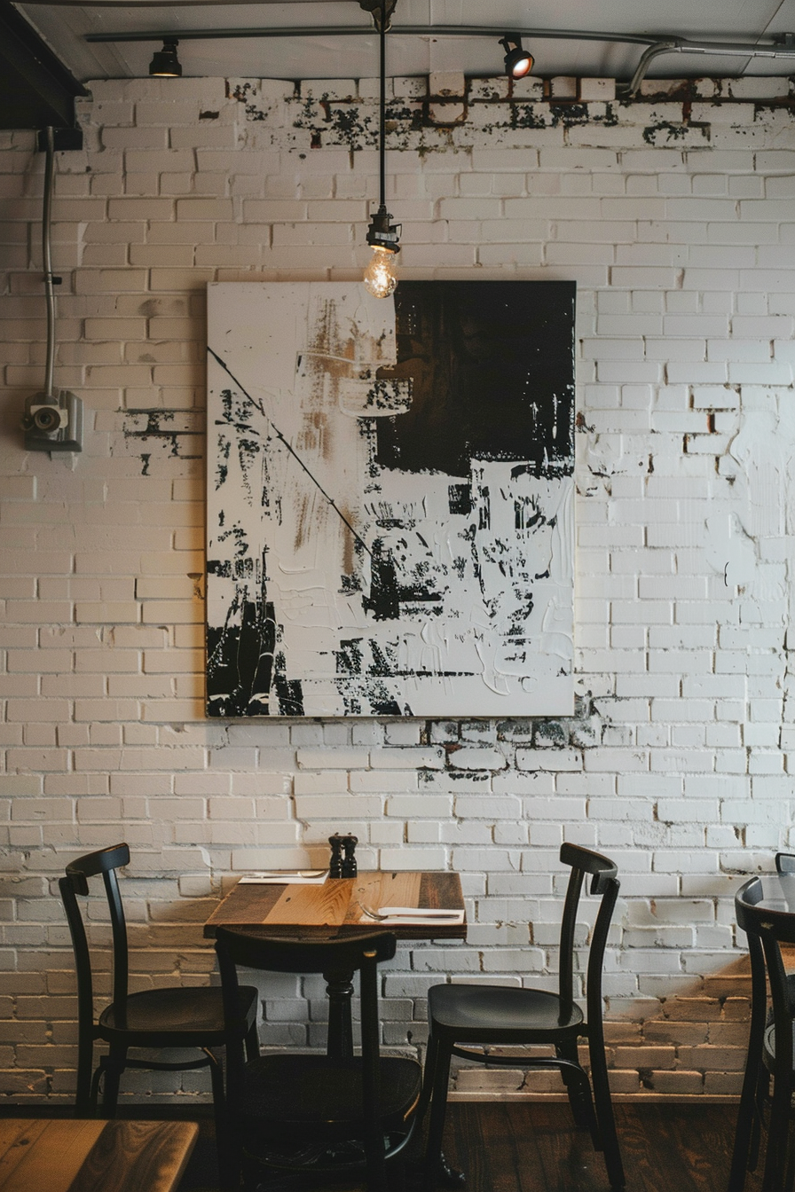 You see a cozy corner of a cafe with an artistic vibe. There's an abstract black and white painting hanging on a white brick wall, partially covered in splotches of black paint. Below the painting, there's a small round wooden table with two black chairs, one of them holding an open book. The scene has a warm, inviting ambiance, thanks to a vintage-style lightbulb hanging from the conduit on the ceiling, which also features an industrial aesthetic with exposed piping. Cozy cafe corner with abstract art on white brick wall, wooden table, chairs, and vintage lighting.