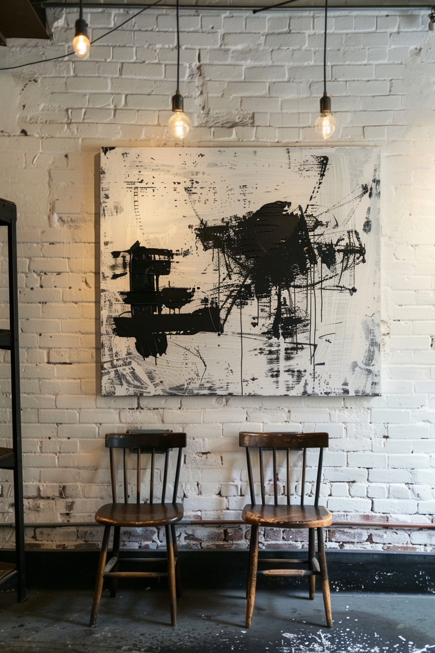 The scene displays a white brick wall with a large abstract black and white painting hanging on it. Below the painting, there are two vintage wooden chairs on a dark floor speckled with white paint drops. Suspended above the painting are two exposed lightbulbs dangling from black cords. Two vintage chairs against a white brick wall with an abstract painting and dangling lightbulbs.