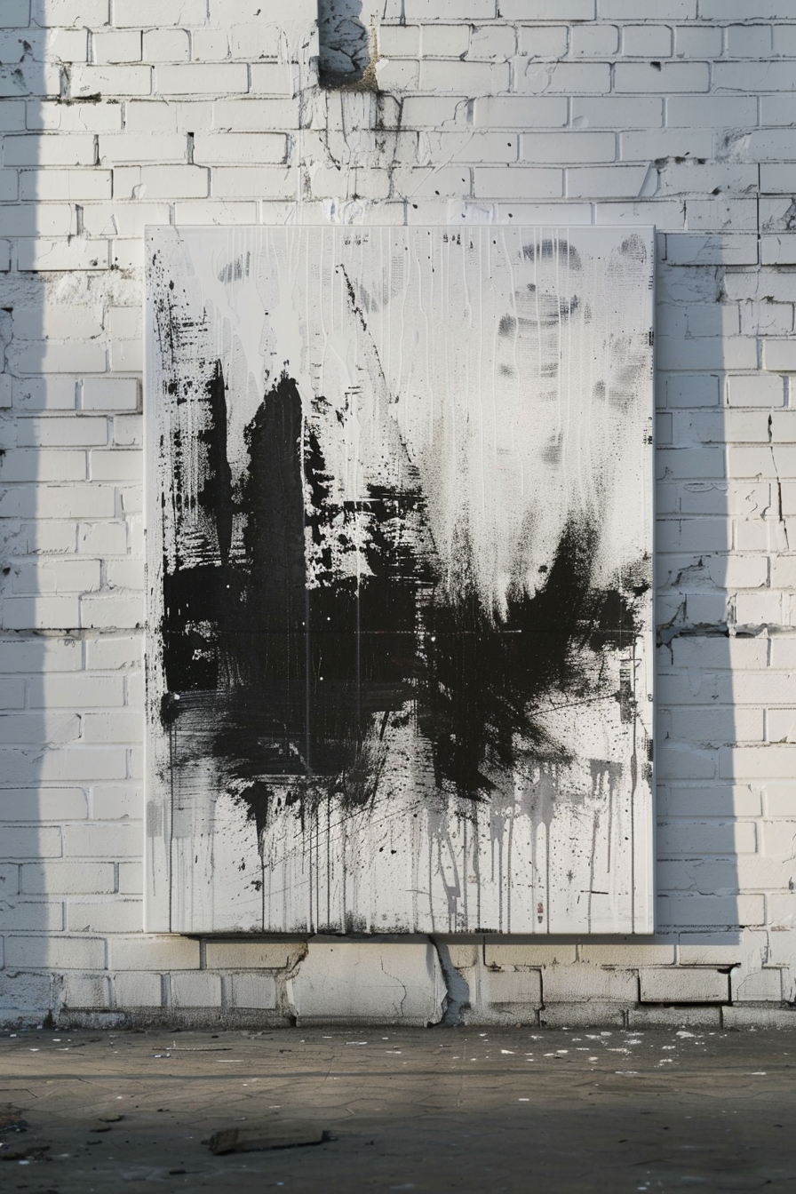 A large abstract black and white painting hangs on an exterior white brick wall showing signs of wear and deterioration, with some bricks cracked and paint peeling off. There's visible dripping of black paint on the artwork and on the white wall below it. The ground is made of gray concrete with debris scattered around, suggesting a neglected urban environment. Abstract black and white painting on a weathered brick wall with paint drips and cracks.