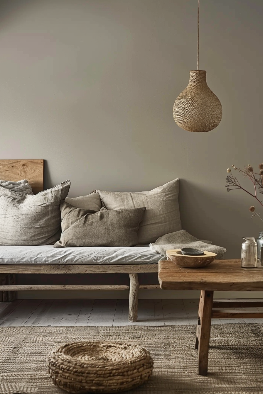 The scene is a cozy, minimalist living room corner. A wooden daybed with a light gray sheet and several taupe pillows is placed against a neutral-colored wall. Above it hangs a woven pendant lamp. In front of the daybed, there is a low rustic wooden coffee table with a small bowl on top and a glass jar beside it. A braided round rug lies on the floor, and a woven circular mat is placed near the table, adding texture to the space. Cozy minimalist living room with wooden daybed, rustic decor, and textured accents.