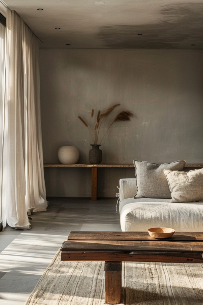 The scene is a cozy, well-lit room with a minimalist design. Sunlight streams in through a sheer curtain to the left, casting shadows on the floor. A low, rustic wooden bench against the wall serves as a display for decorative items including a speckled vase with tall dried grasses and a spherical object. A textured rug covers the floor, and a wooden coffee table with a simple wooden bowl is placed in the foreground. A soft-toned couch with plush cushions occupies the right side of the frame, inviting relaxation. Cozy minimalist living room with sunlight casting shadows, wooden furniture, and decorative dried grasses.