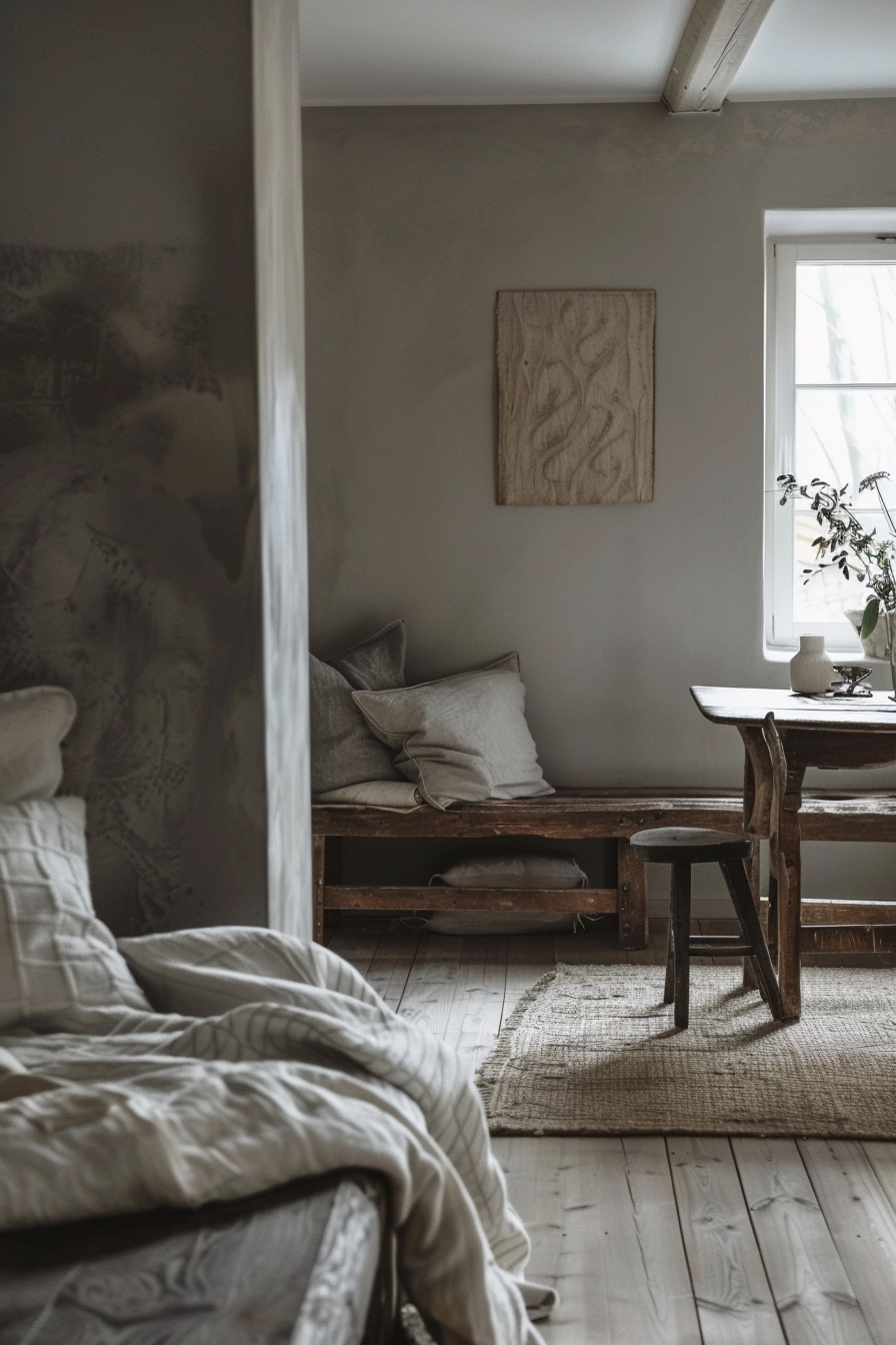 The scene is a cozy room with rustic decor featuring a simple wooden bench with cushions, placed against a wall with a minimalist wooden art piece. To the right, a wooden table accompanies a small stool, near a window that allows natural light to softly illuminate the space. A corner of a bed with white bedding is visible in the foreground, suggesting the image captures a small and tranquil living area or studio space. Cozy rustic room with a bench, wooden decor, and soft natural lighting.