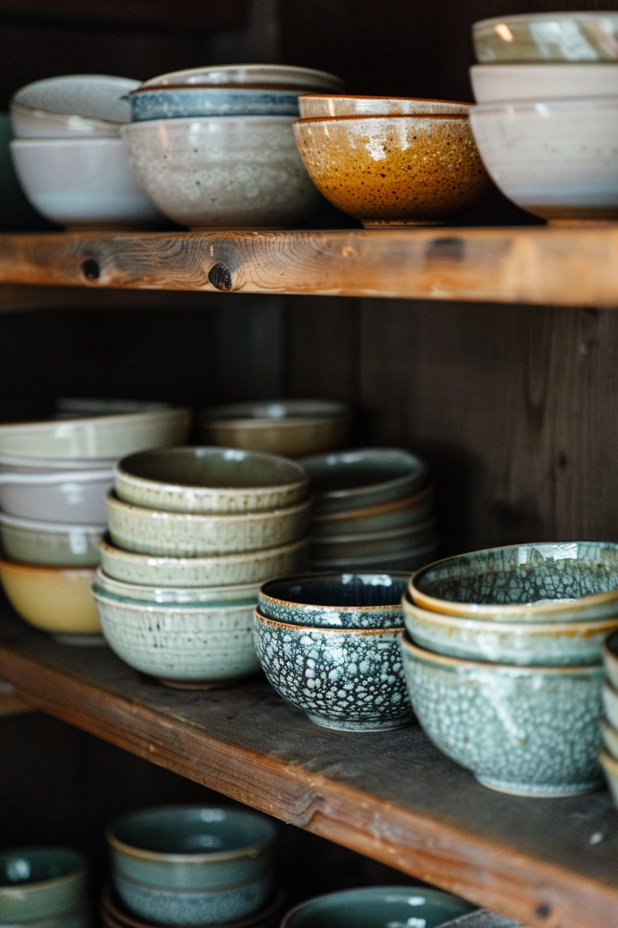 The scene shows a collection of various bowls stacked on wooden shelves. The bowls appear in different sizes and feature an assortment of textures and glazes, ranging from speckled browns to smooth creams and textured blues. The focus and shallow depth of field emphasize the front bowls while softly blurring the ones farther back, adding a warm, cozy atmosphere to the arrangement of crockery. Assorted ceramic bowls on wooden shelves, varying in color, size, and texture.
