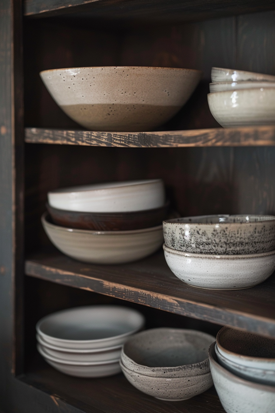 A variety of ceramic bowls and plates are neatly arranged on wooden shelves. The dinnerware features a mix of earthy tones and textures, creating a rustic aesthetic. Assorted ceramic dishware on dark wooden shelves, combining both functional and decorative appeal.