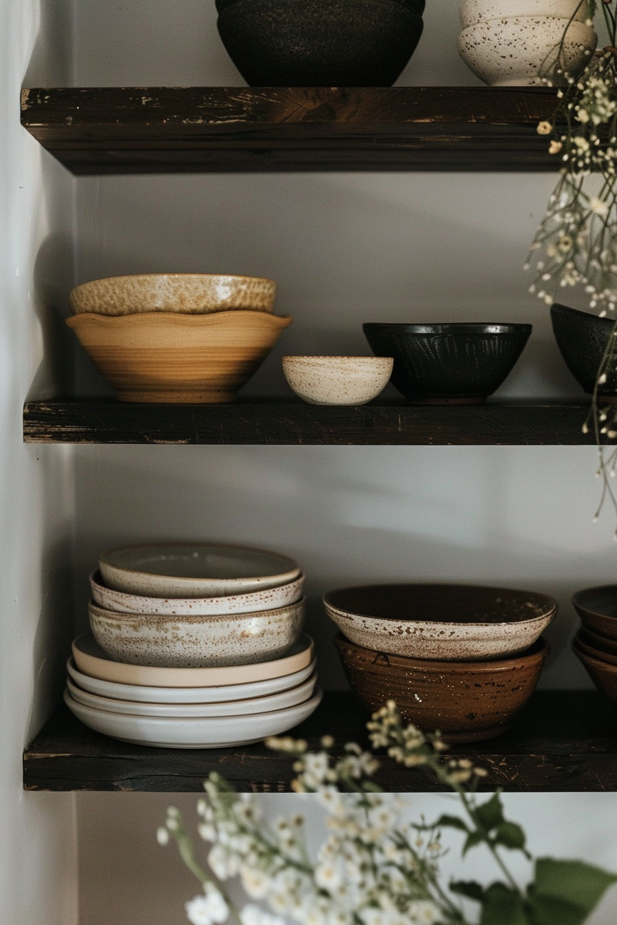 There are three wooden shelves against a grey wall, filled with various ceramic dishes. The dishes include bowls and plates with earthy tones and textures. There appears to be a focus on homey and rustic aesthetic. Some flowers can be seen in the bottom right corner, which adds a touch of freshness to the scene. Rustic kitchen shelves with a variety of ceramic dishes in neutral colors, displaying a cozy home decor style.