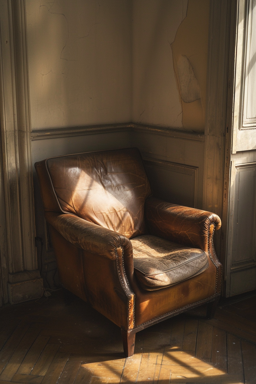 The photo shows a well-worn, leather armchair in a room that has seen better days. The chair is bathed in a soft, natural light coming from a window to the right of the frame, highlighting the textures and wear on the chair's surface. The room has wooden flooring and neutral-colored walls with cracking paint, adding to the atmosphere of aged elegance. The overall mood is nostalgic, evocative of quiet solace and the passage of time. Vintage leather armchair in a room with cracking walls and natural light.
