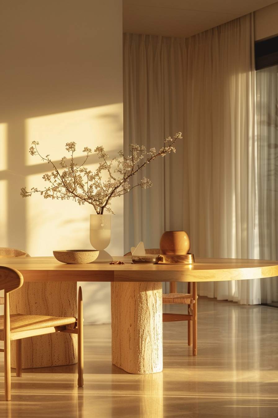 Sunny modern dining room with a wooden table, chairs, decorative vase with branches and soft curtain backdrop.