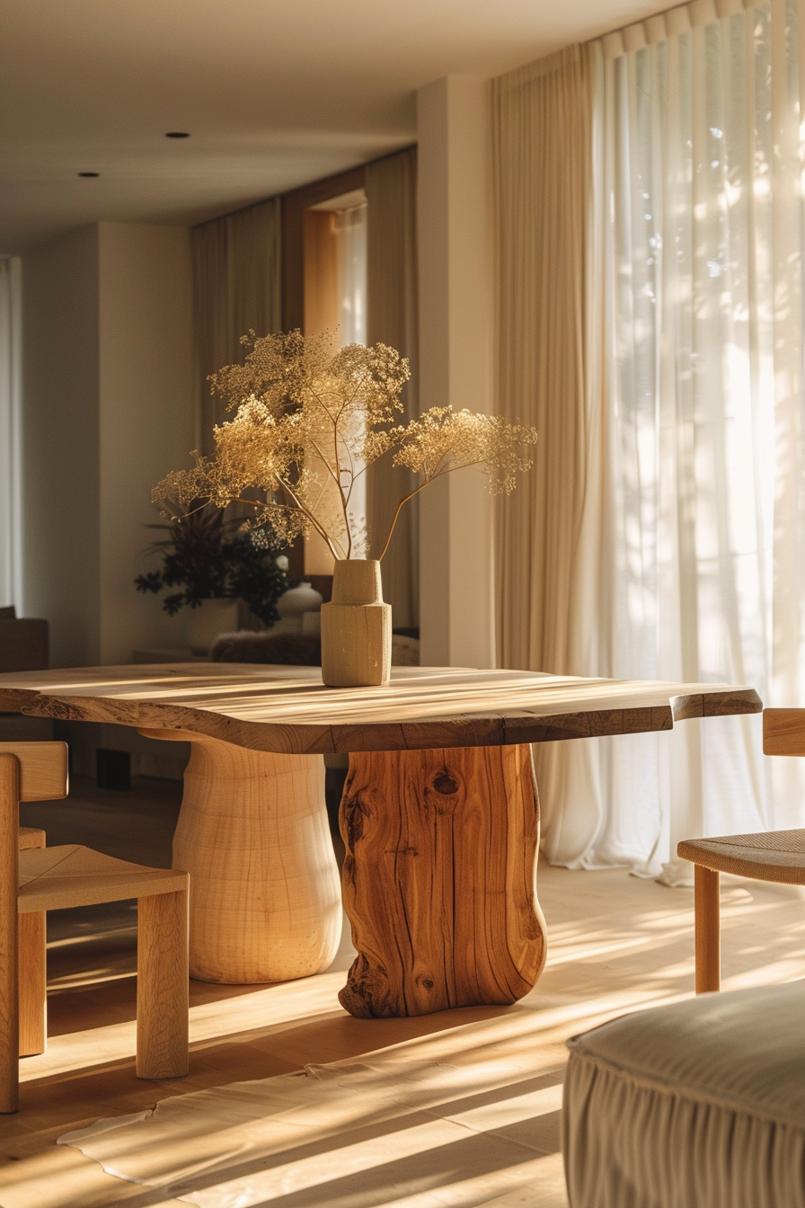 Warm sunlight filters through sheer curtains, casting soft shadows on a wooden table with a vase of dried flowers in a serene room.