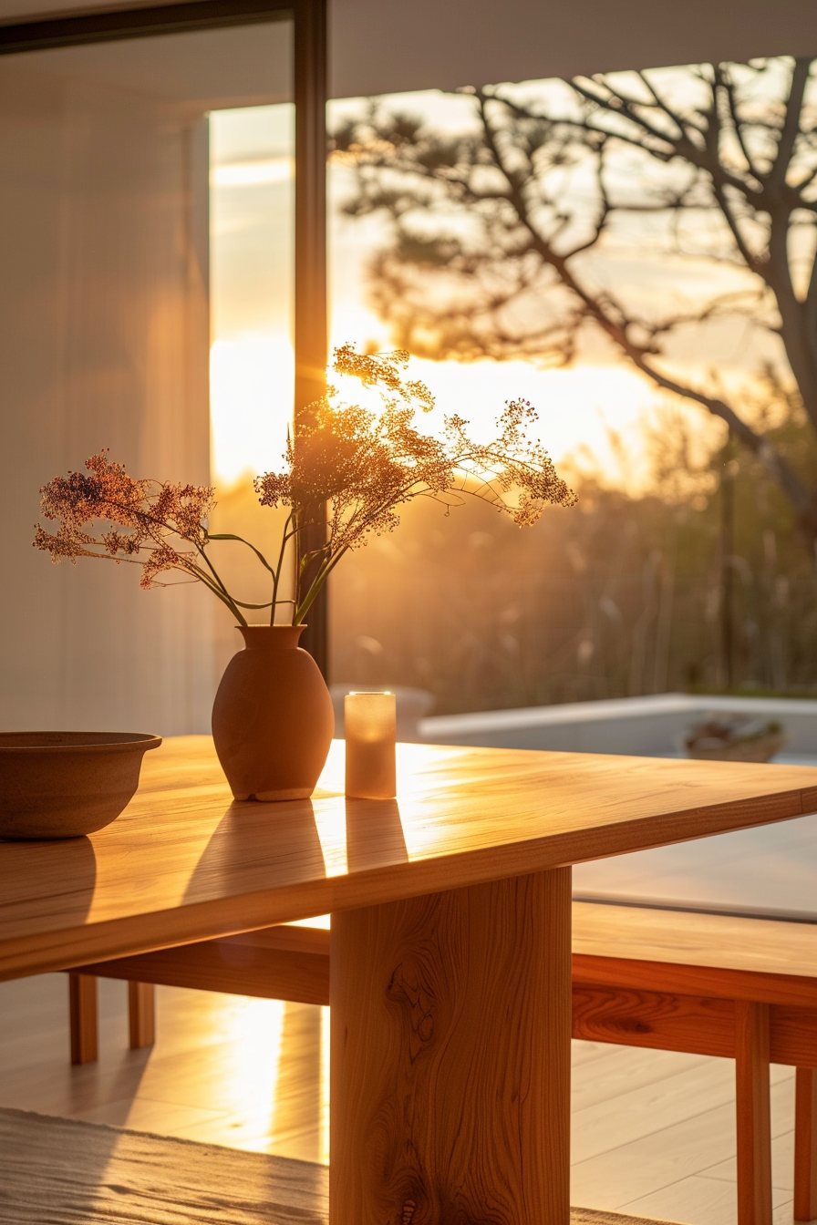 Sunset light filtering through a vase of flowers on a wooden table with a serene outdoor backdrop.