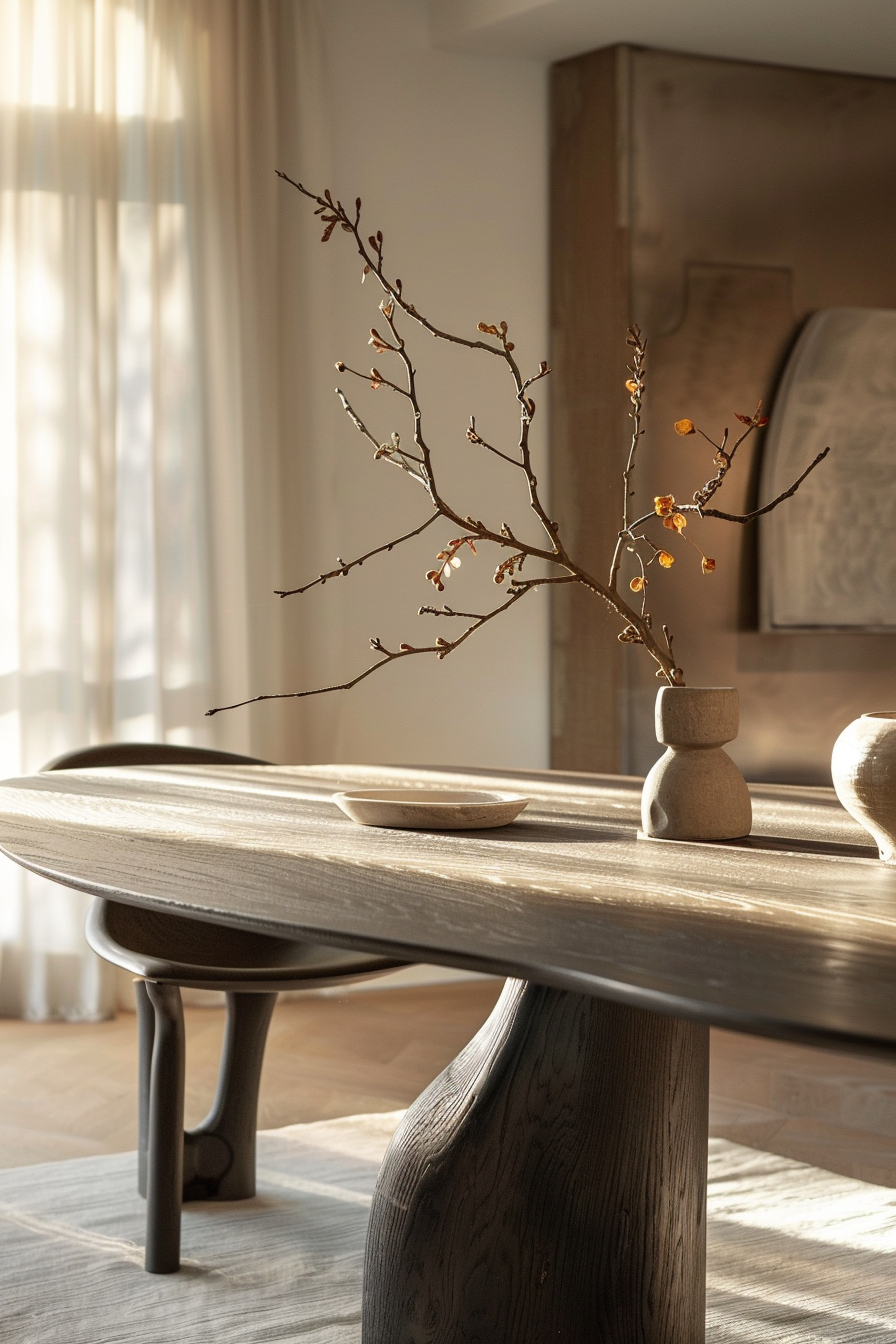 ALT: A warm, sunlit interior featuring a wooden table with a vase holding a slender branch with budding leaves, beside a small ceramic dish.